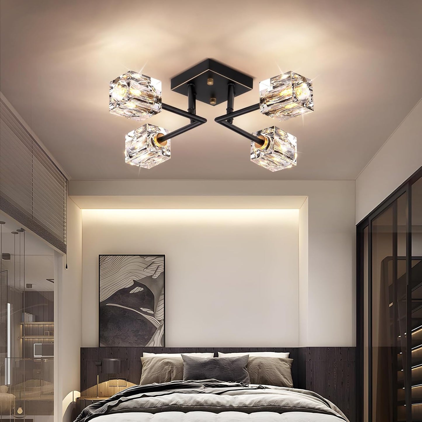 Modern Crystal Ceiling Light,Semi Flush Mount Ceiling Light Fixture with 4-Lights,Black and Gold Sputnik Chandeliers for Bedroom,Dining Room,Farmhouse Kitchen,Office,Entryway Hallway