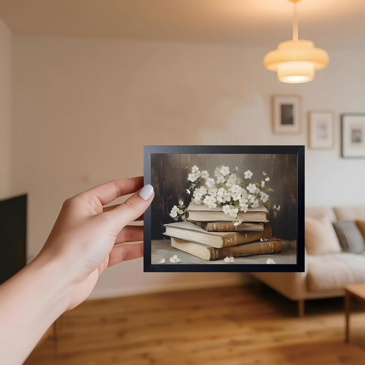 Wood Framed Canvas Poster Print Wall Art, Vintage Floral Book Wall Decor Oil Painting, Dark Academia Room Aesthetics Picture for Bathroom Classroom Dormitory room Decor 8x10 inch