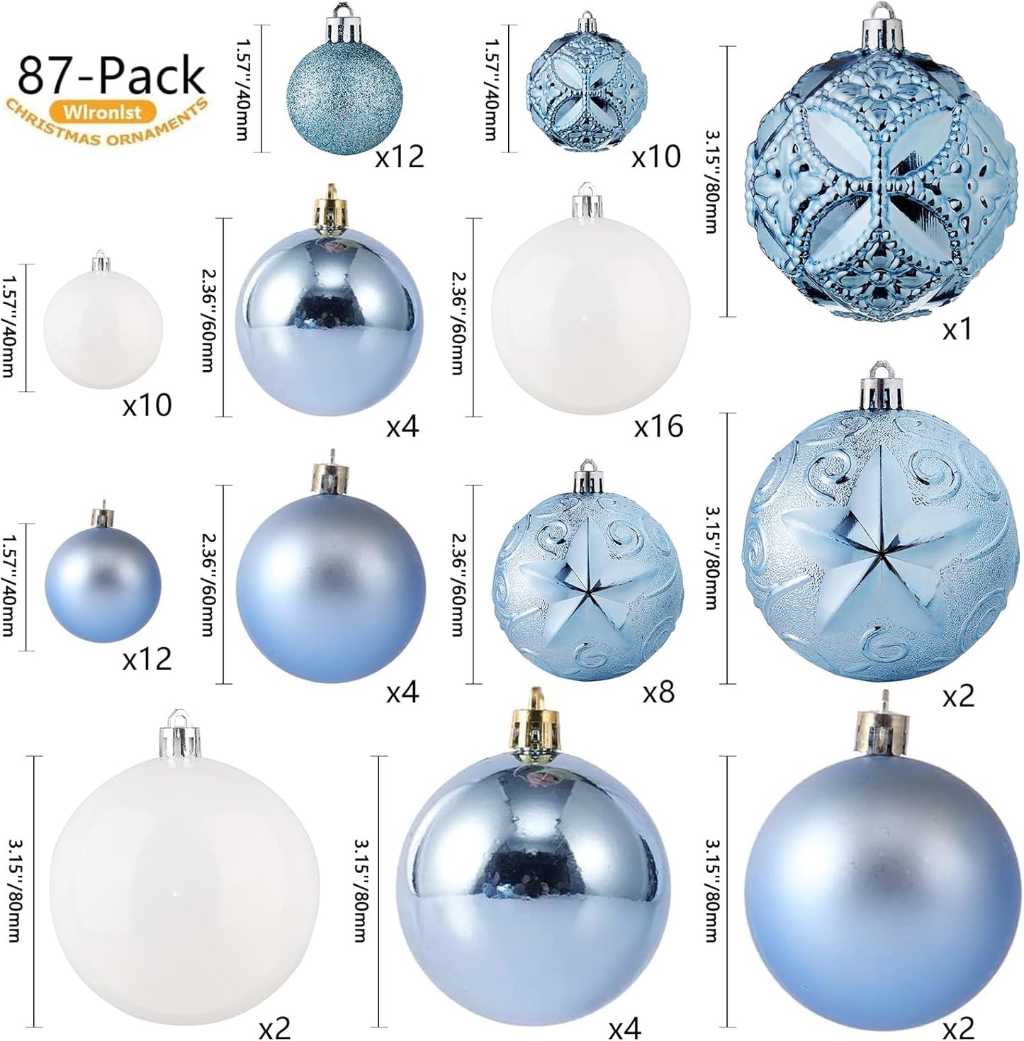 87-Pack Shatterproof Christmas Ball Ornaments Set, Christmas Tree Decorations with Hand-held Gift Package for Xmas Tree Holiday Wedding Party, Baby Blue
