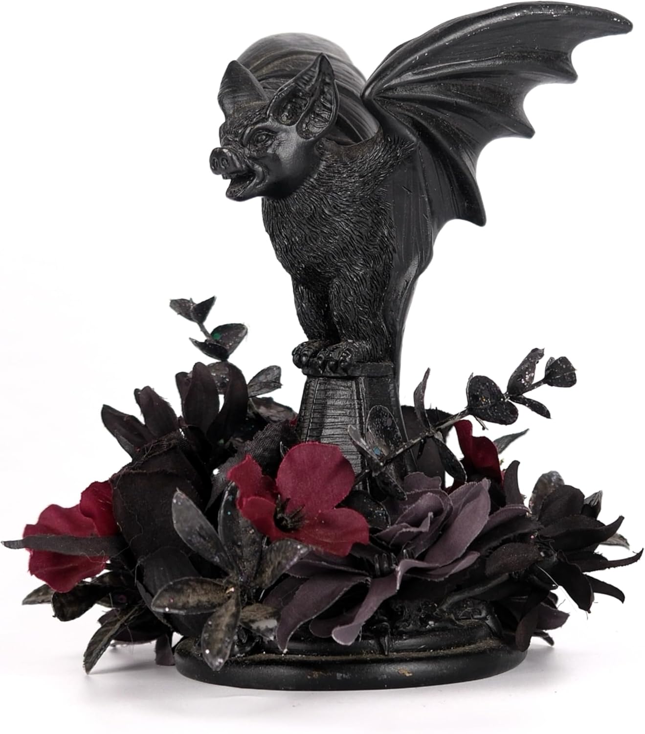 Bat Shaped Halloween Candle Holder, Black Resin Candlestick Holder with Black&Burgundy Artificial Flower, Gothic Halloween Decor for Coffee Table/Dining Table Centerpiece, 6" Height