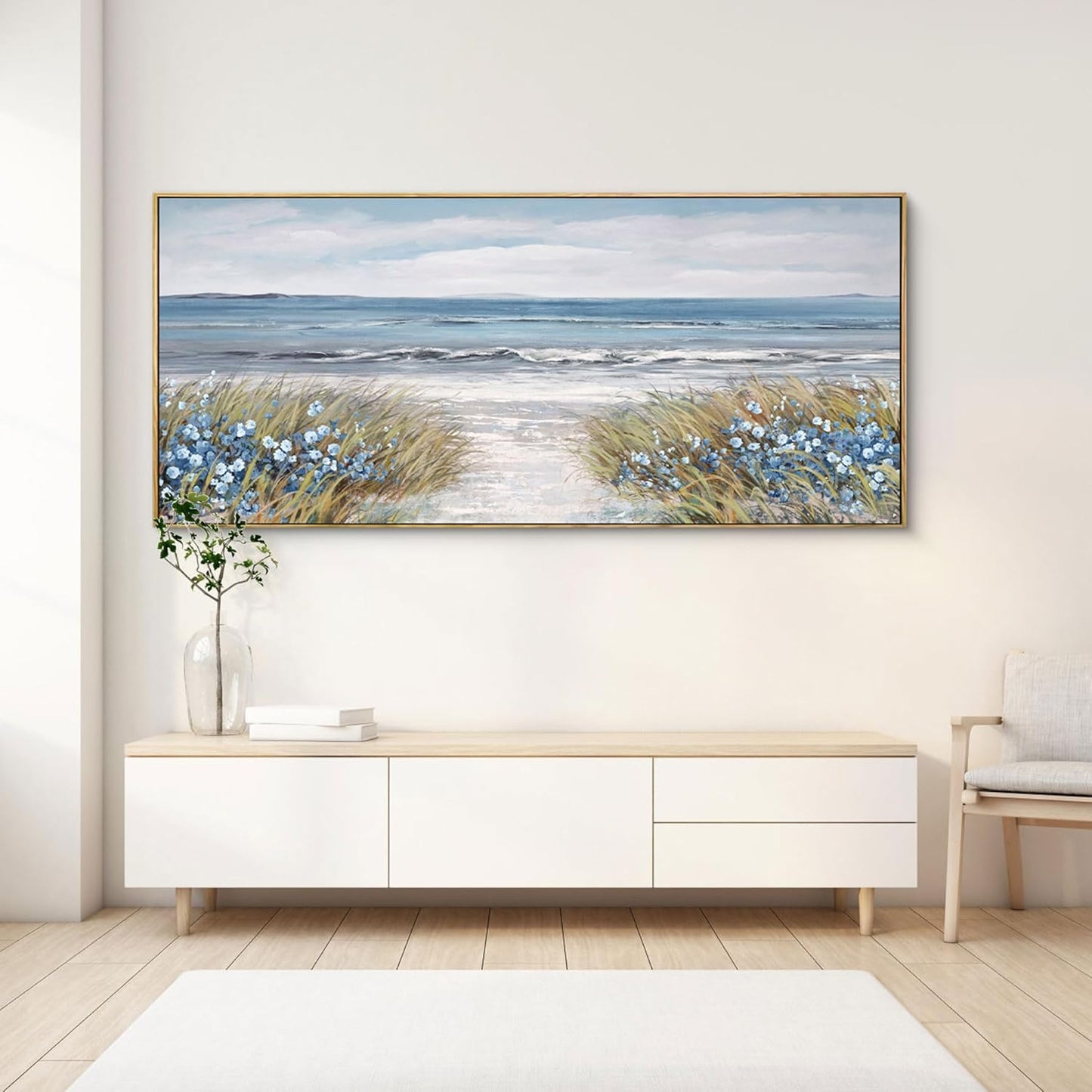 XLSJERST Extra Large Framed Wall Art for Living Room Decor - Farmhouse Boho Beach Coastal Vintage Floral Ocean Wall Picture Flowers Sea Canvas Print Artwork for Home Bedroom Office