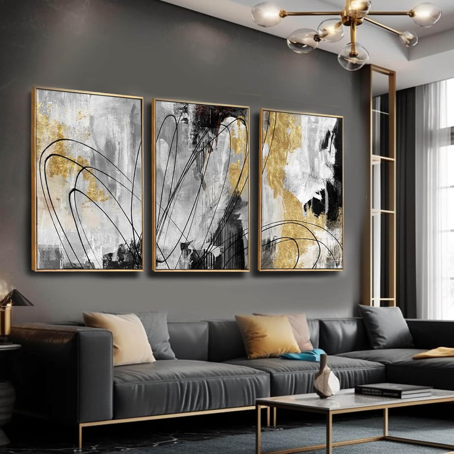 YJYart Gold Wall Art Abstract Wall Art Living Room Decor Black and White Canvas Picture Home Decor Wooden Frame Line Paintings Modern Artwork Office Decor 24"x 36"x 3 Pieces