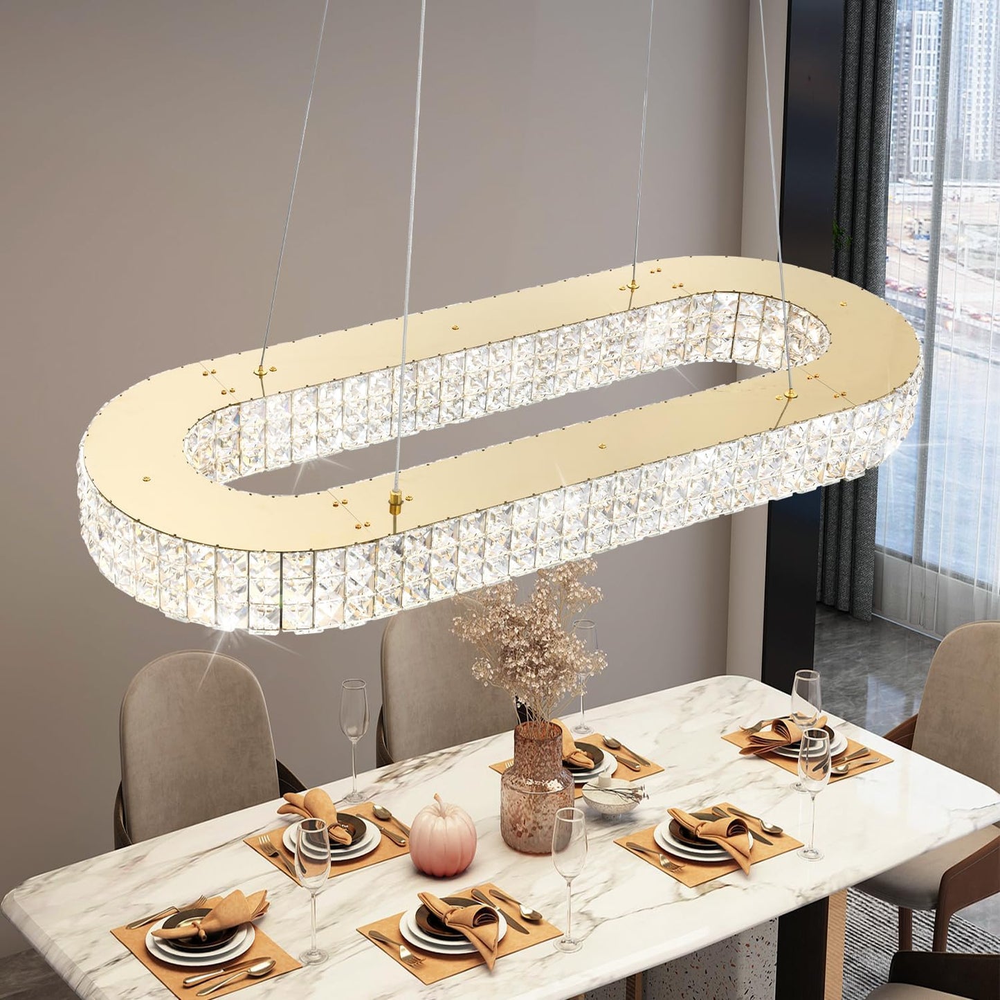 Modern Crystal Chandelier, Dia 40" Rectangular Chandelier for Dining Room,Gold Rectangle Crystal Ceiling Light Luxury Oval Chandeliers for Living Room Kitchen Island