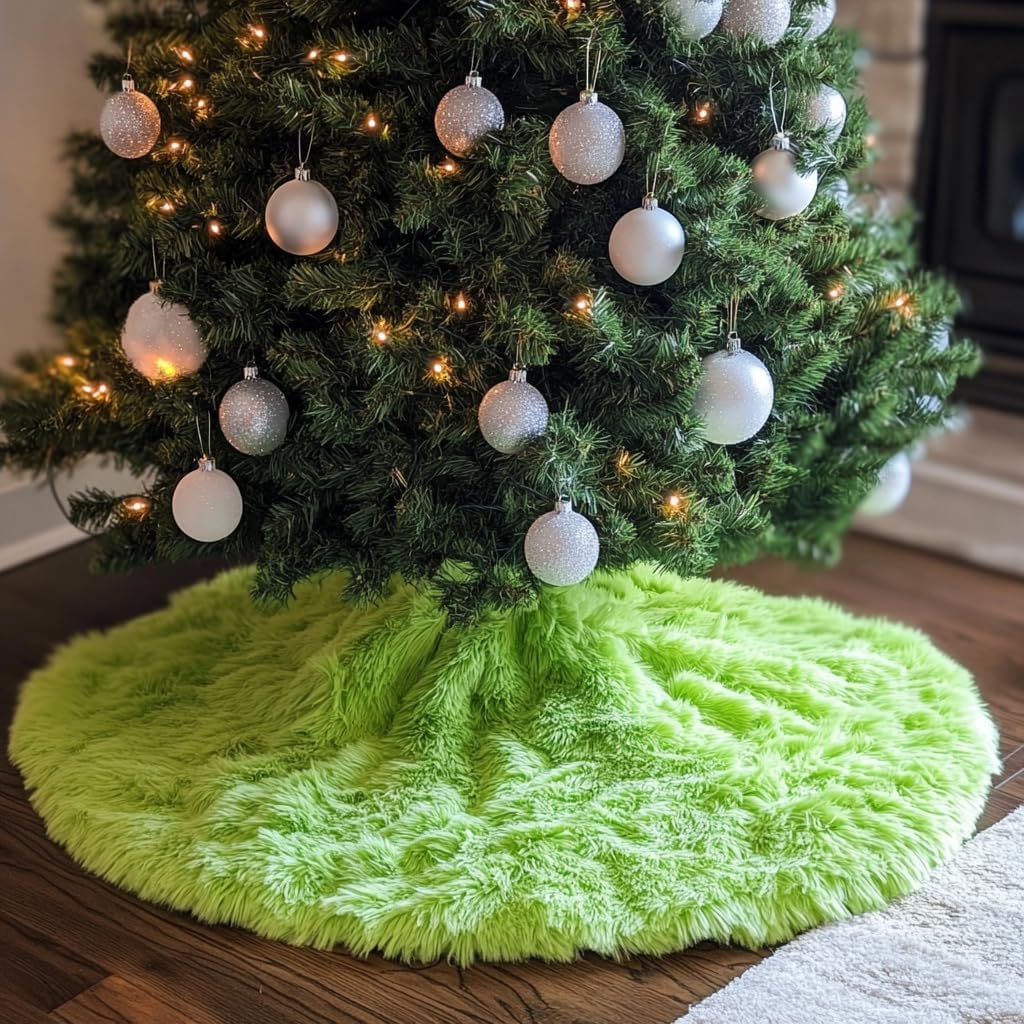 AOGU 60 Inch Faux Fur Christmas Tree Skirt Green Plush Skirt for Merry Christmas Party Christmas Tree Decoration