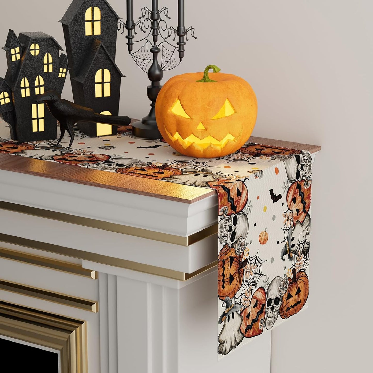 XCHI Spooky Skeleton Ghost Pumpkin Halloween Table Runner Party Table Decoration for Home Kitchen Dining Holiday Decor 13x120 Inch