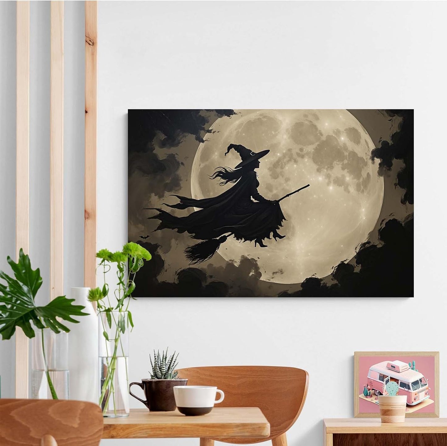 JFHCQJPK Full moon witch silhouette poster witch on magic broom Halloween mural poster decorative mural art suitable for home living room bedroom16x24in Frameless
