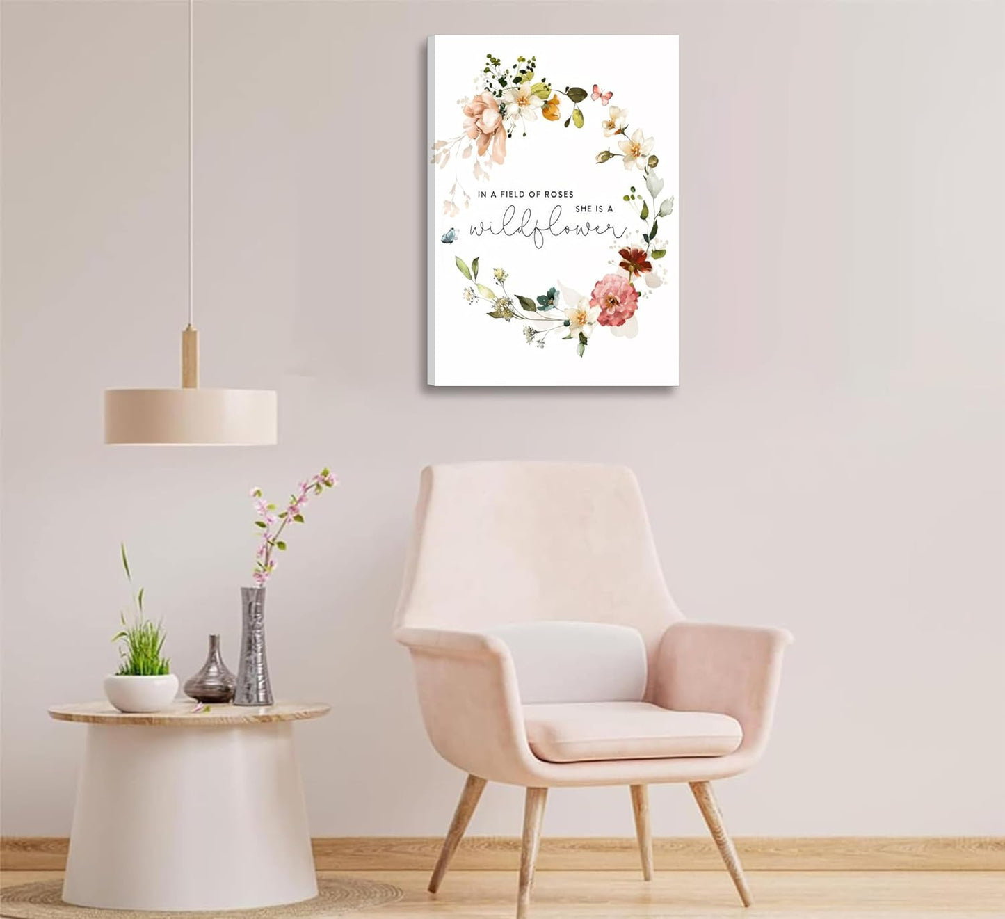 3Pcs Framed Watercolor Flowers Canvas Wall Art In A Field Of Roses She Is A Wildflower Painting Picture Wall Decor Pink wreath Poster Print Artwork for Nursery living room Girls Room Home Decoration