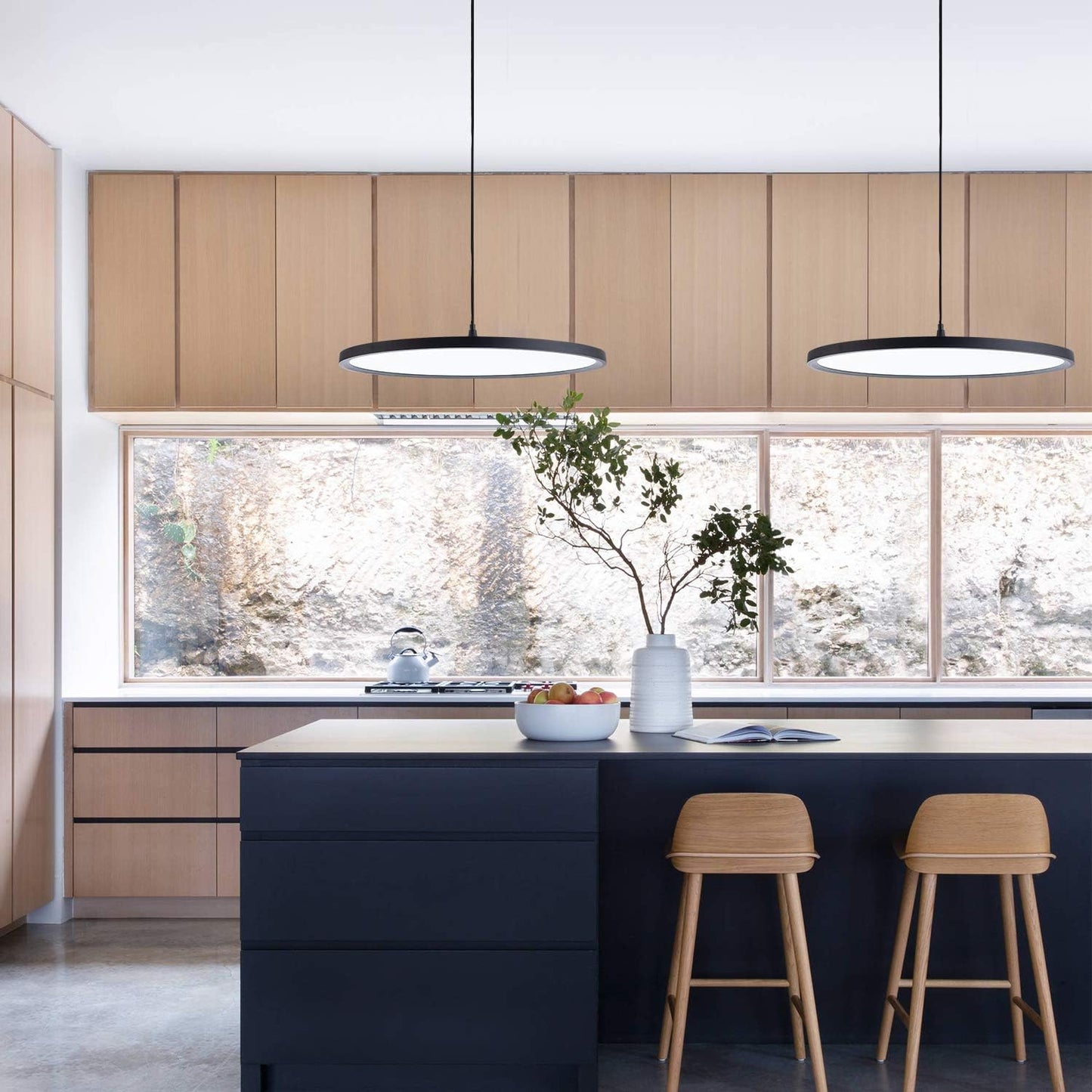 MADEM Modern LED Pendant Light 23.6'' Disc Chandelier Hanging Lighting Fixture with Acrylic Shape Dimmable Office Chandelier 6000K for Office Room Football Bedroom Decor Kitchen Island, Black