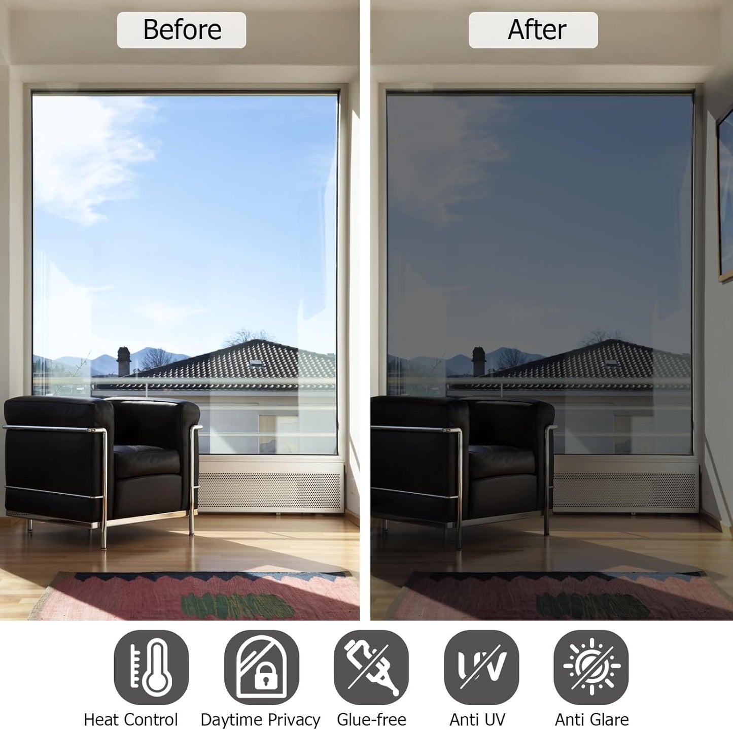 HIDBEA One Way Window Film, Daytime Privacy Sun Blocking Reflective Window Film No Glue Static Cling Heat Control Window Tinting Film for Home and Office, Black Silver, 55.1 x 78.7 Inch