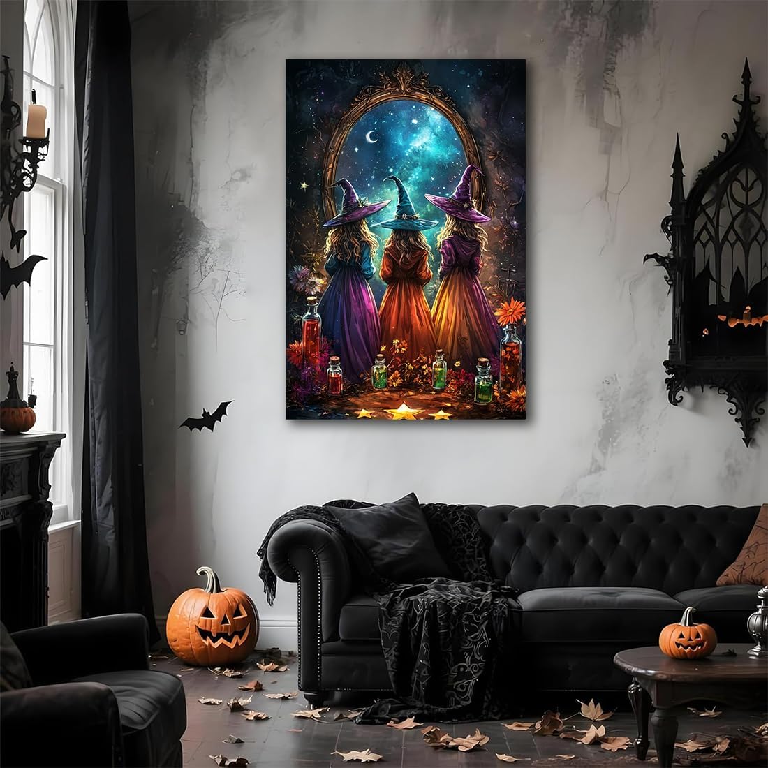 Witch Poster Halloween Fall Wall Art Decor,Three Witches with Magic Potion Mirror Colorful Vintage Print,Dark Academia Spooky Canvas Art Prints for Home Living Room,24"x36" Unframed
