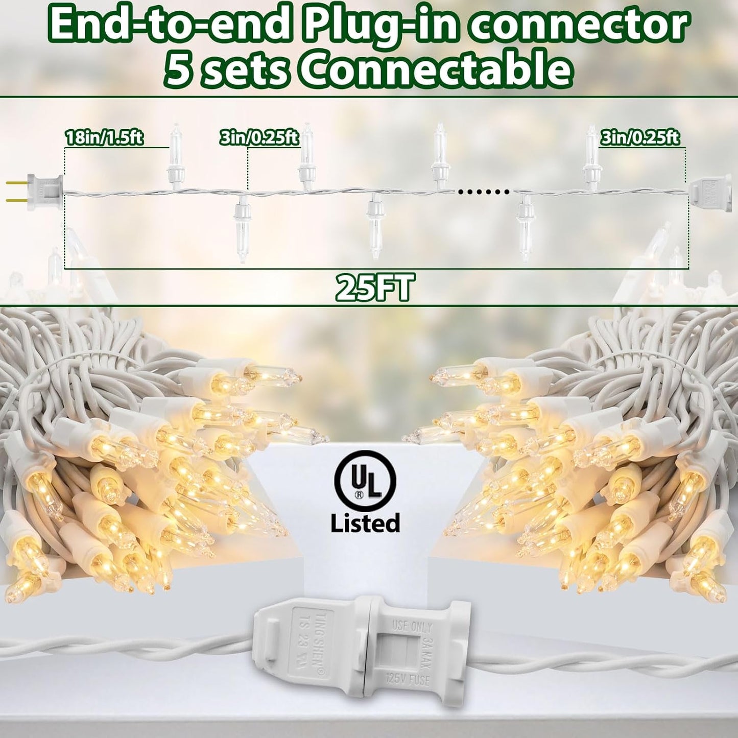 Clear Christmas Lights 25FT 100 Incandescent Bulbs Warm White Mini Lights with White Wire for Christmas Tree, Garland, Thanksgiving, Wedding, Party, Home, Indoor & Outdoor Festival Decoration