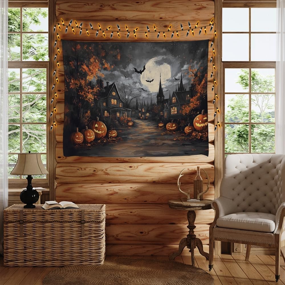 Spooky Halloween Tapestry Haunted Home Bats Pumpkin Tapestry Wall Hanging Dark Academia Fall Full Moon Decor Gothic Ghost Tapestries for bedroom Living Room Decoration 40x60inch