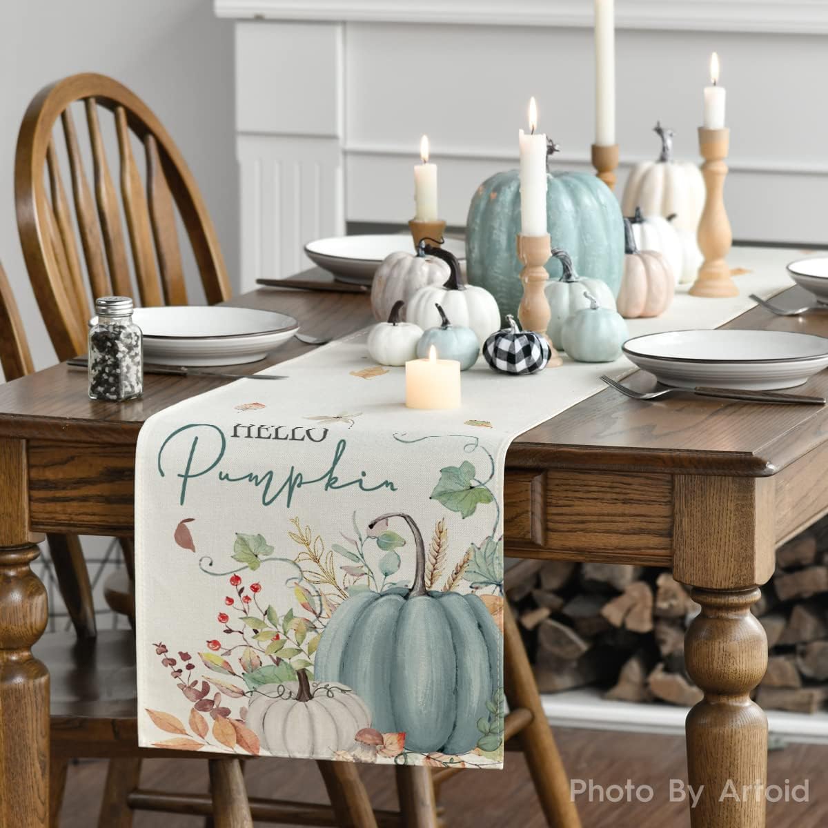 Artoid Mode Aqua Hello Pumpkin Leaves Fall Table Runner, Seasonal Autumn Kitchen Dining Table Decoration for Home Party Decor 13x36 Inch