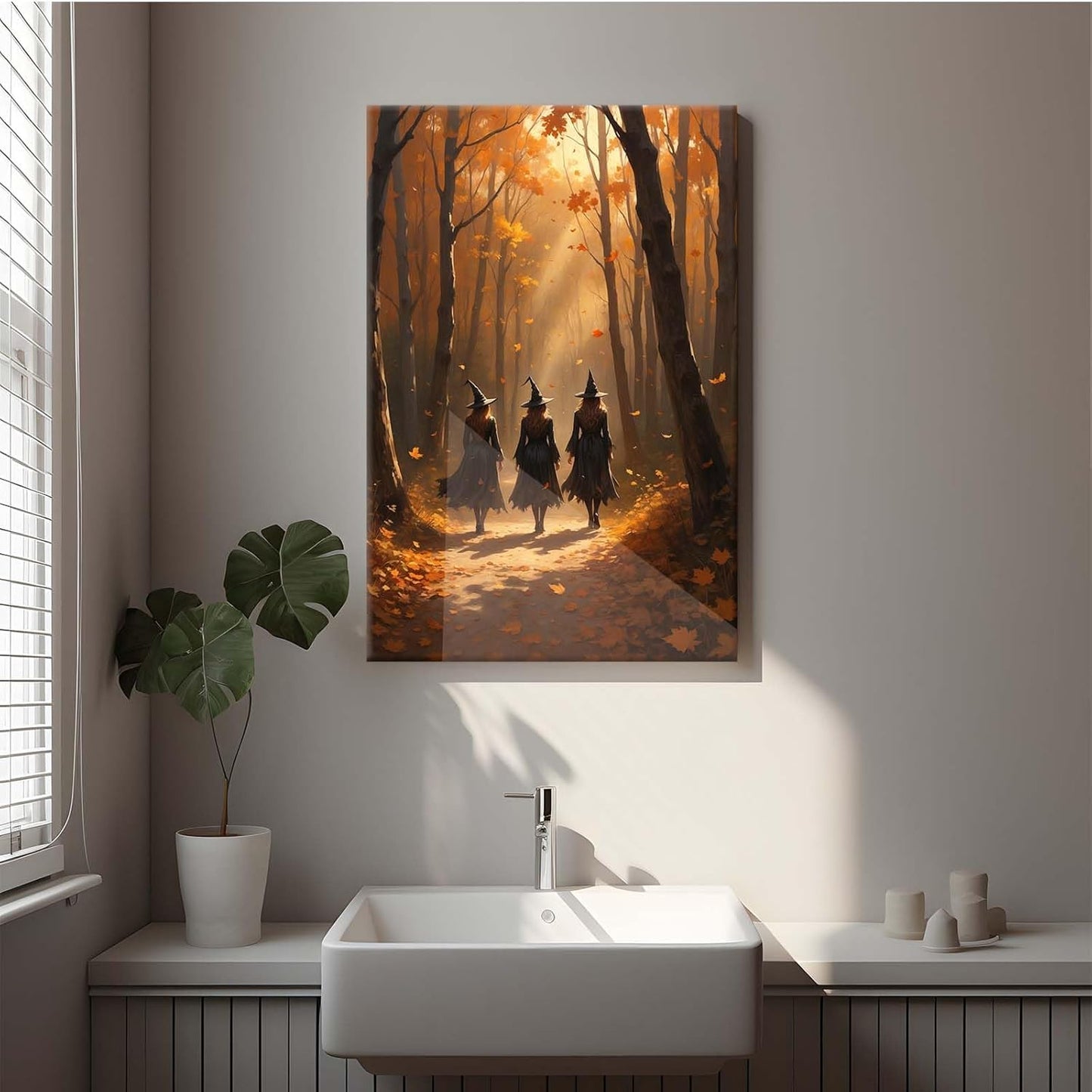 Three witches walking in the forest in autumn canvas painting gothic poster halloween print country witch wall art for home decoration12x16in Wood Framed