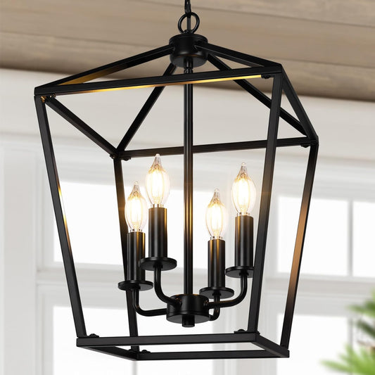 Farmhouse Chandelier 4-Light, Black Pendant Light Fixture for Kitchen Island Dining Room, Lantern Industrial Lighting Ceiling Hanging with Metal Cage Adjustable Height for Entryway Foyer