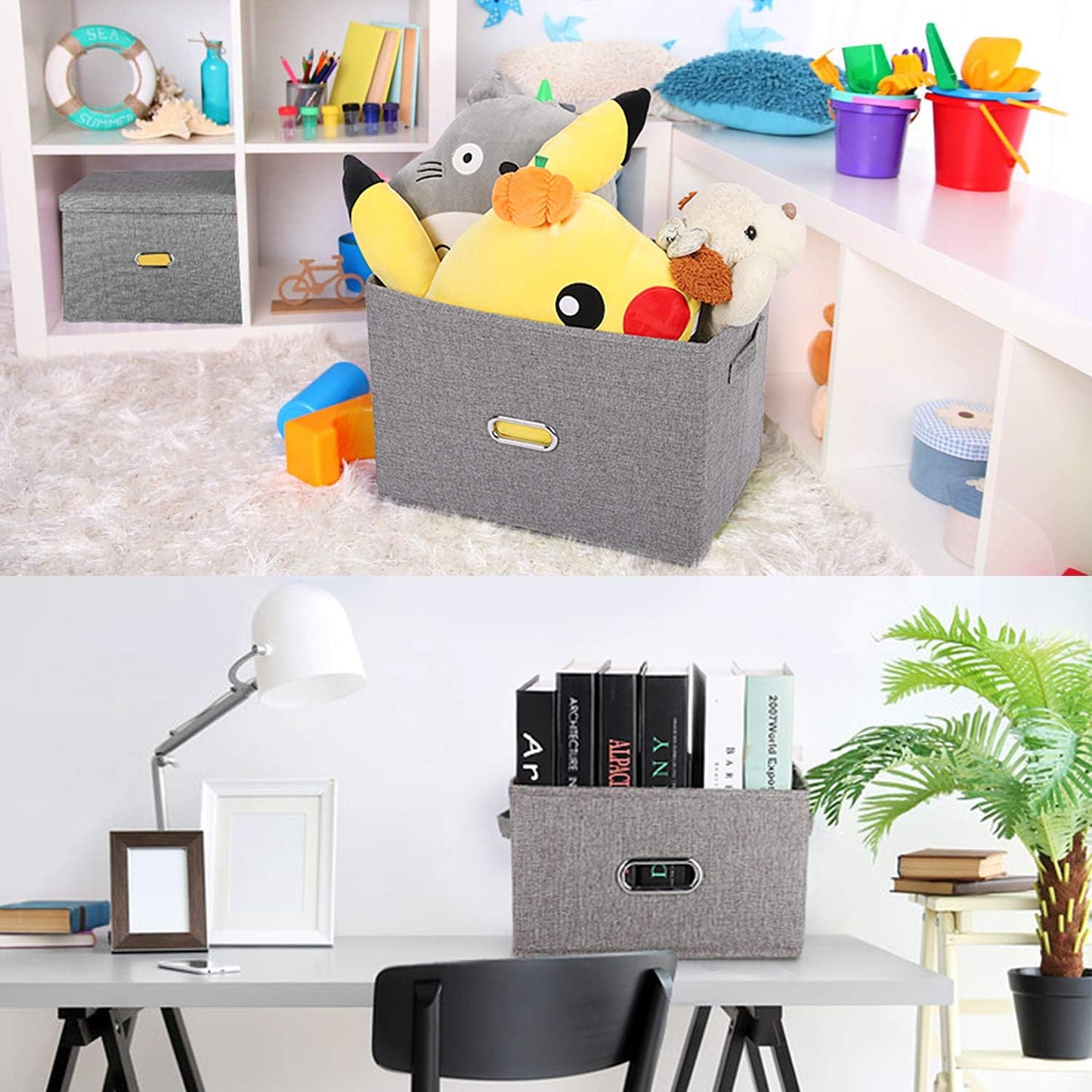 Large Linen Fabric Foldable Storage Bins with Removable Lid and Handles, Washable Storage Box Organizer Containers Baskets Cube with Cover for Bedroom,Closet,Office (Coffee, Large(2-Pack))