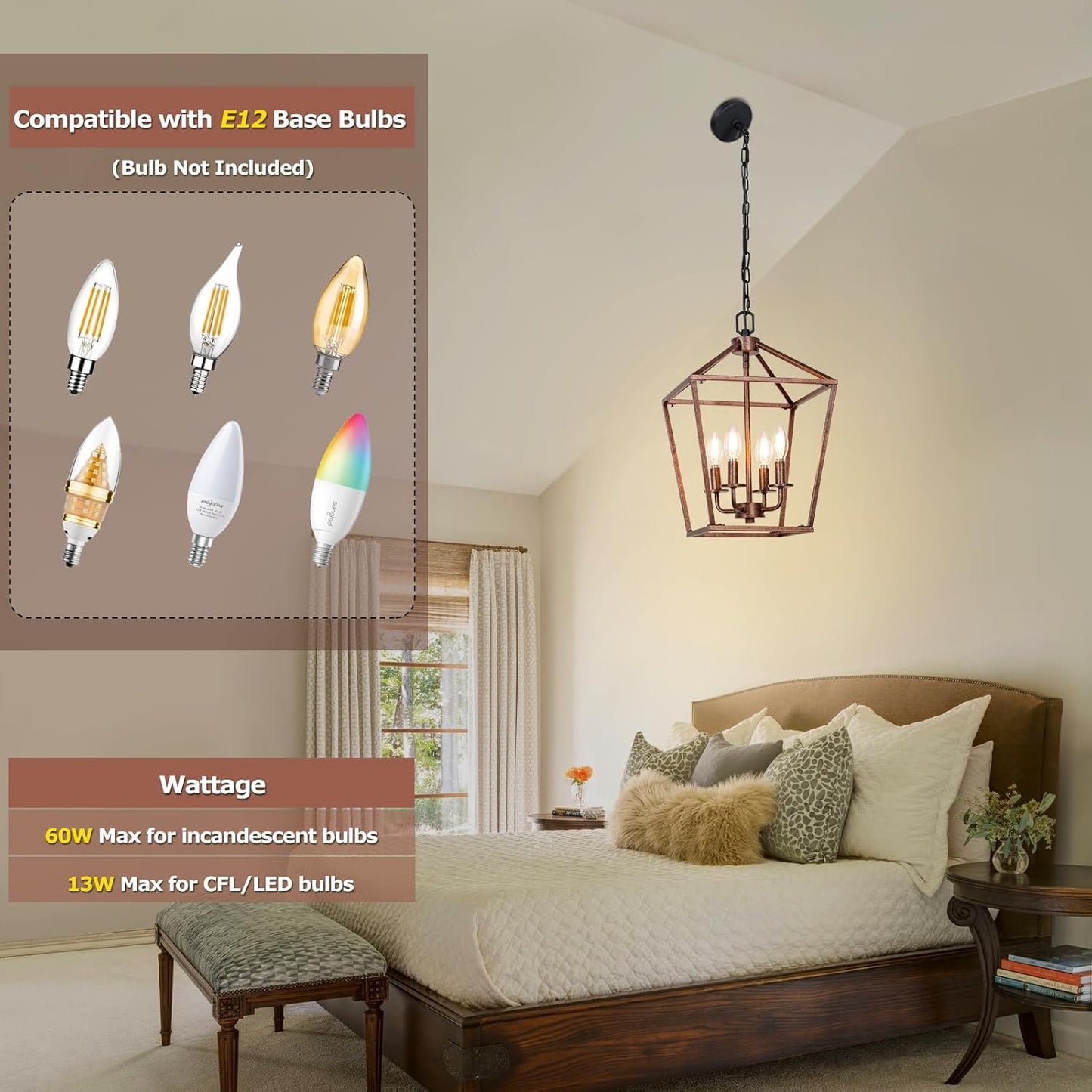 Chandelier for Dining Room, 4-Light Rustic Chandelier Fixtures, Vintage Ceiling Light with Adjustable Height, Antique Bronze Geometric Hanging Light for Bedroom, Foyer, Kitchen, Living Room, Entryway