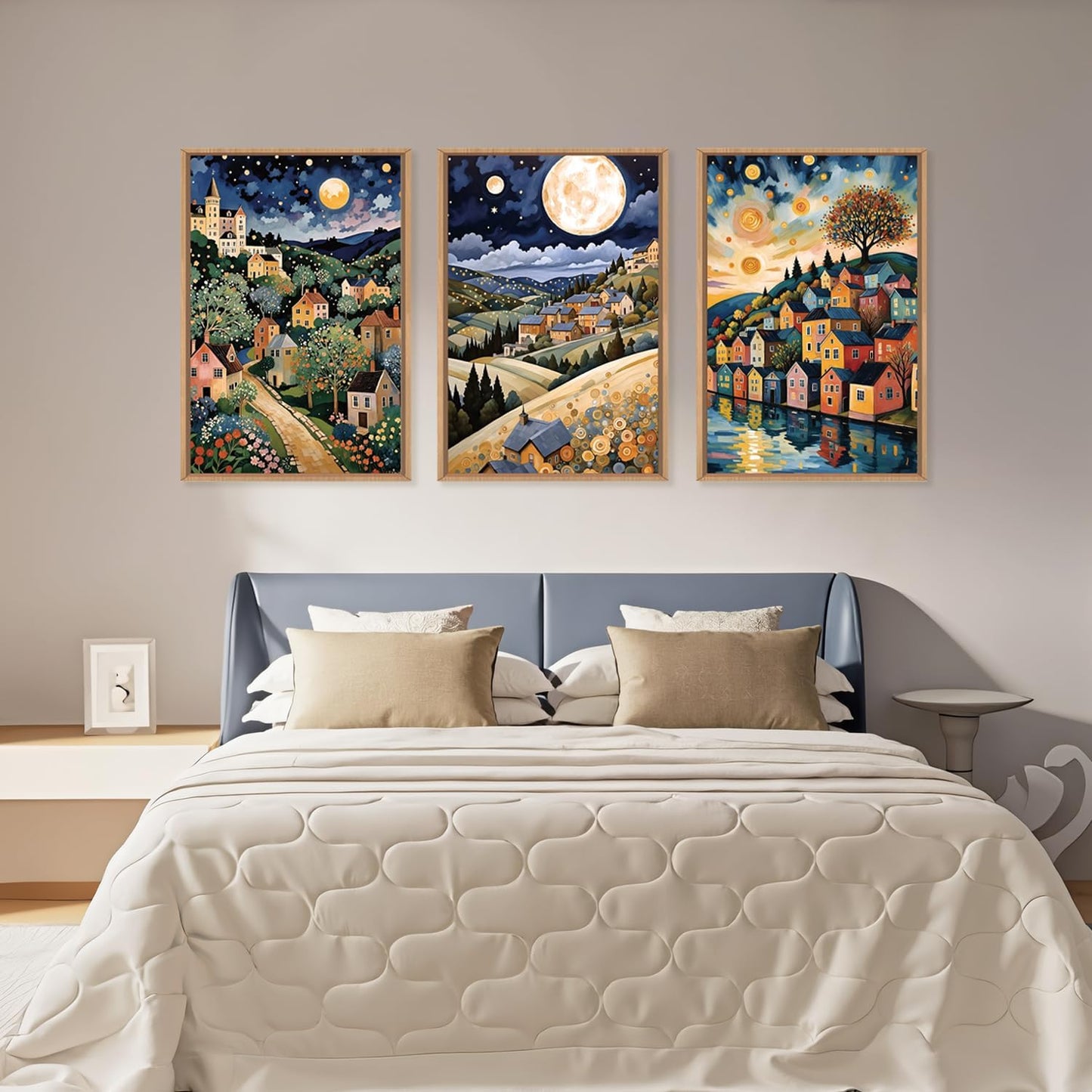 LHIUEM Large Abstract Colorful Framed Canvas Wall Art,Retro Night Village Wall Decor,Natural Moon Stars Wall Painting,Gustav Klimt Scenery Artwork for Living Room,Bedroom,Dining Room,Office -24"x36"x3