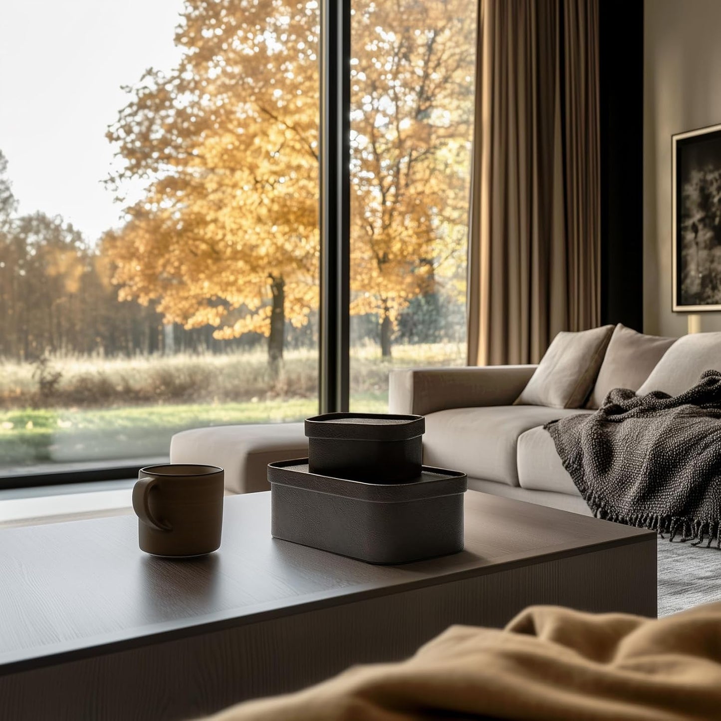 La Jolie Maison Vegan Leather Storage Boxes with Lids, Set of 3 Decorative Storage Containers Organize Stackable Storage Box, Mocha