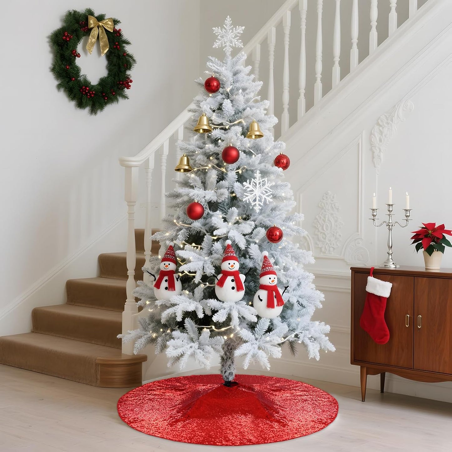Eternal Beauty Christmas Tree Skirt, 70 Inch Red Sequin Tree Skirt Small Xmas Tree Skirt for Christmas Tree Decorations