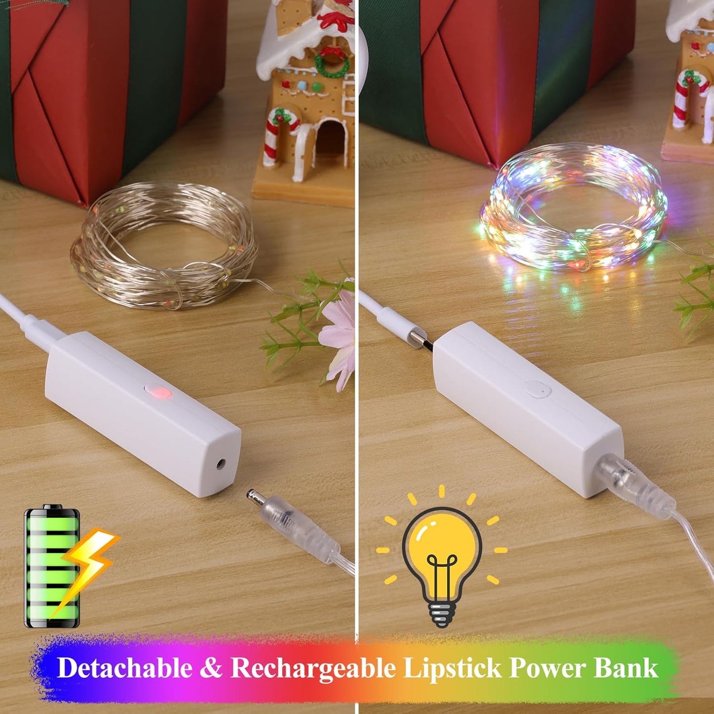 Lipstick LED Fairy Lights Battery Operated, Mini Twinkle Lights with Timer, Rechargeable String Lights for Bedroom, Christmas Decorations, Wedding, Vine, Centerpiece Table Decor (10M/33FT Multicolor)