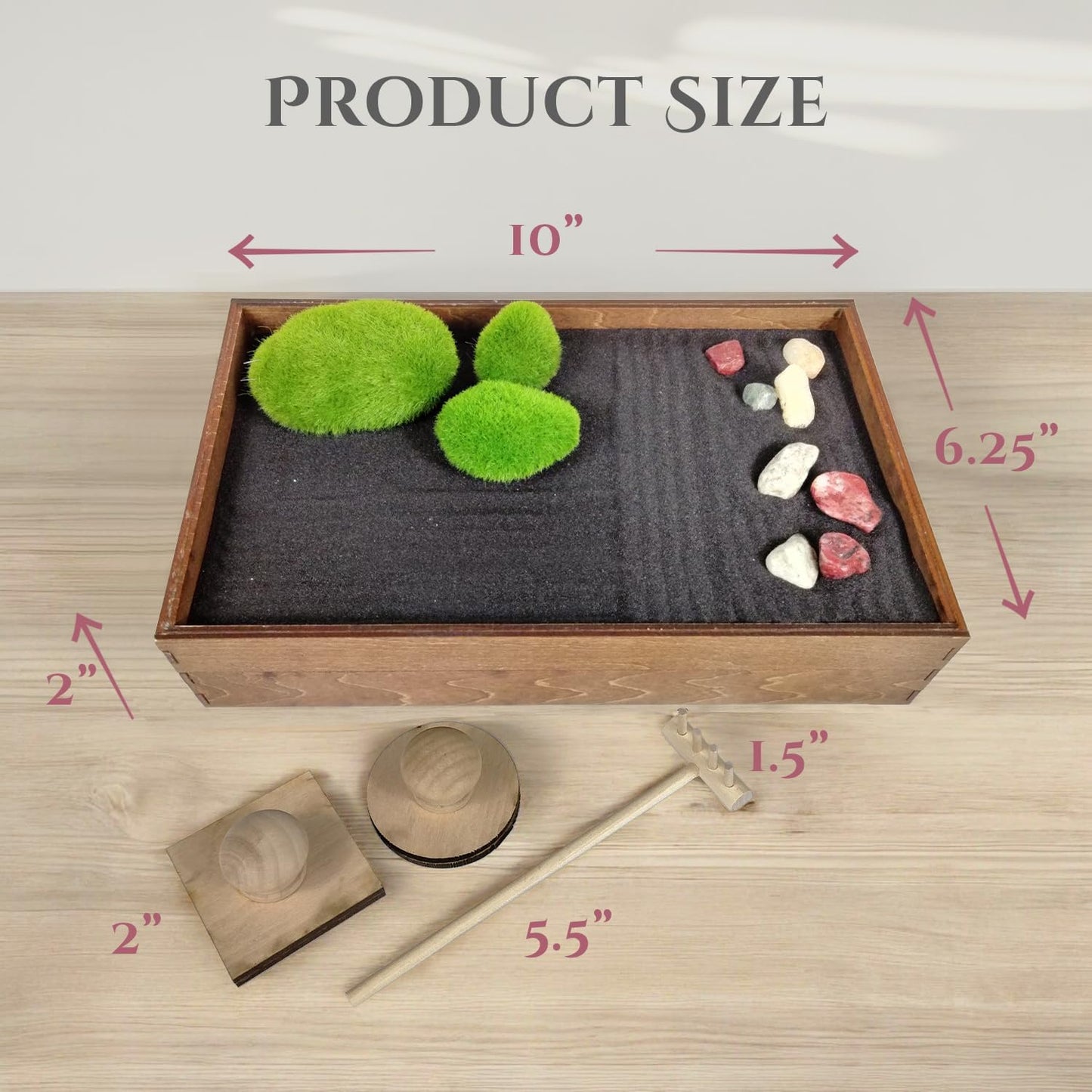 Wooden Stackable Zen Garden | Moonless Night Sand with Rake & Accessories | Minimalist Decor Gift for Relaxation