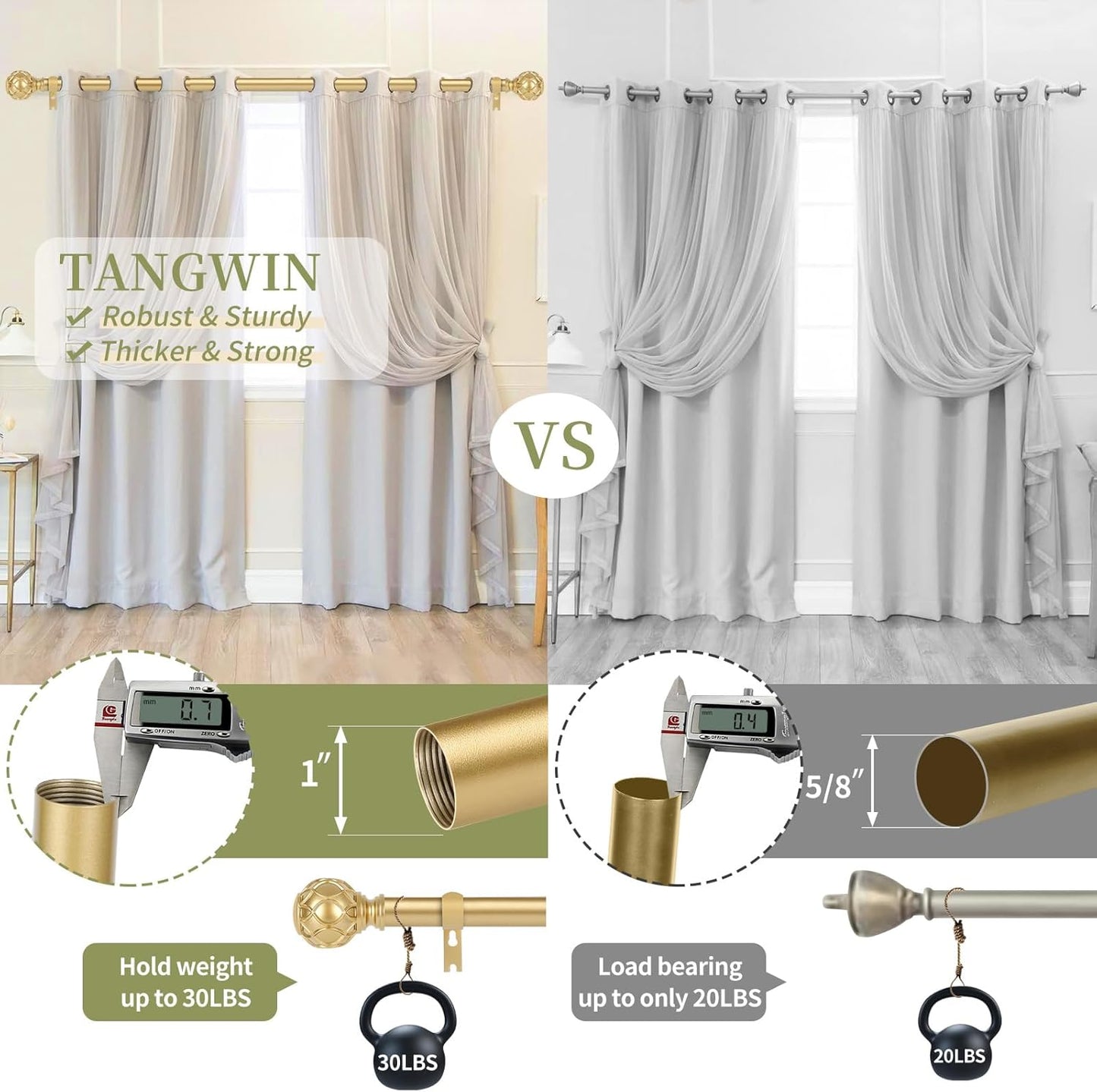 Gold Adjustable Curtain Rods for Windows:66-120 Inch Farmhouse Heavy Duty Curtain Rod for Bedroom Living Room,Boho Decorative Rustic Drapery Rods with Vintage Coastal Texture Finial,Brass Gold