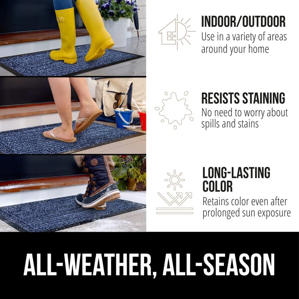 GORILLA GRIP 100% Waterproof All-Season WeatherMax Doormat 35x23, US Designed Natural Rubber, Stain and Fade Resistant, Low Profile Indoor Outdoor Door Mats, Easy Clean Patio Mat, Navy Greek Keys