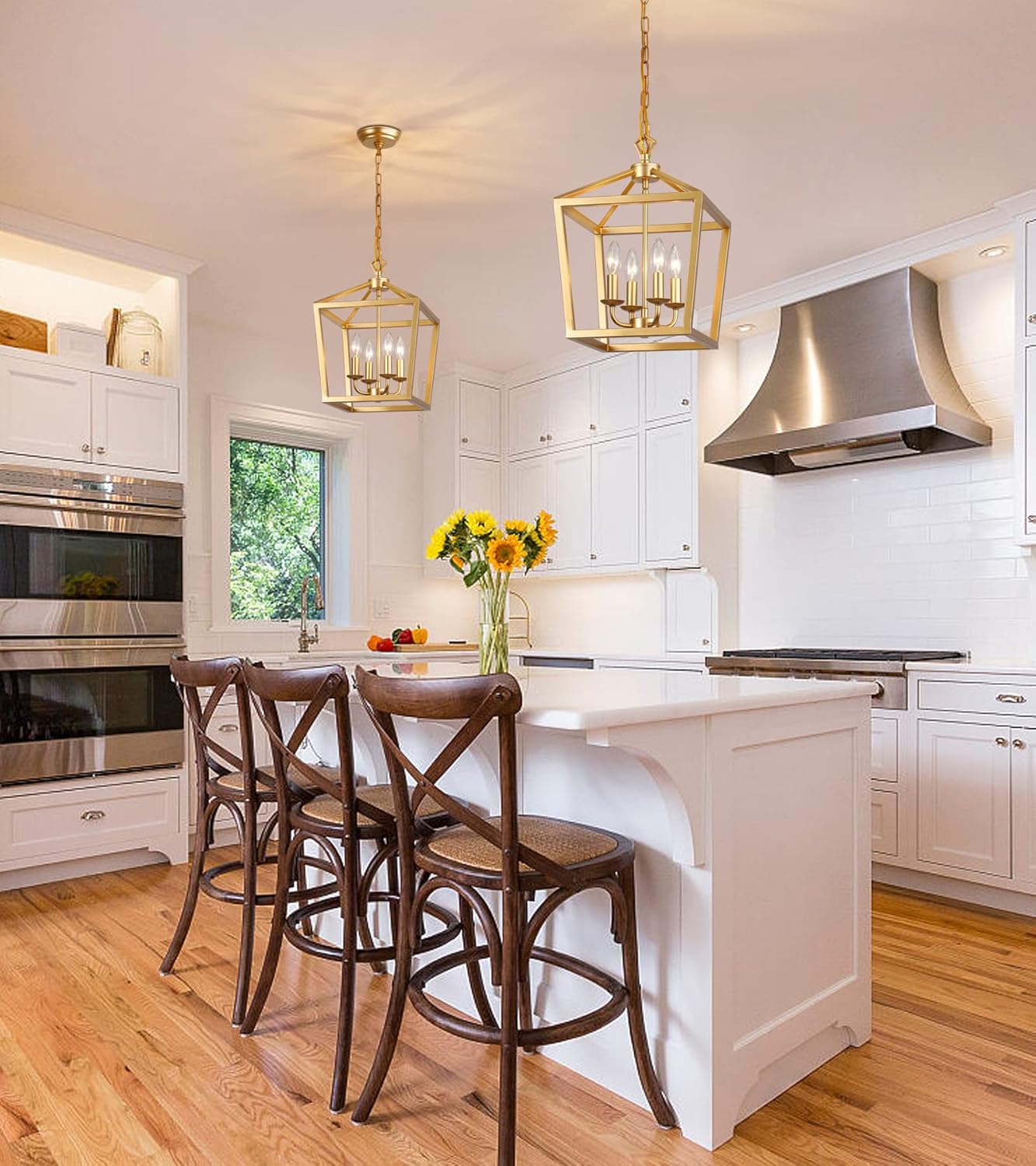 AMZASA Gold Lantern Chandelier Hanging Pendant Light Fixture 4-Lights for Kitchen Island Dining Room Hallway Entryway Foyer UL Listed