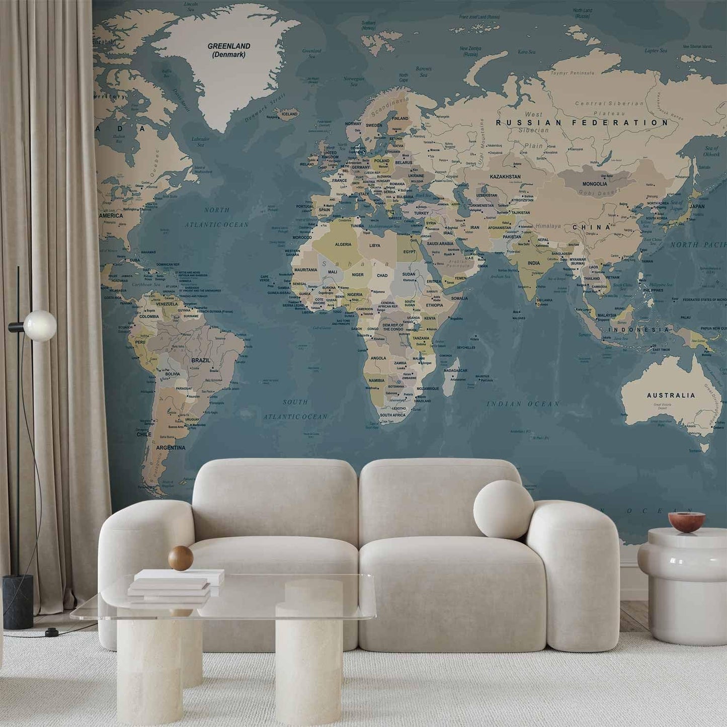 artgeist Premium Wall Mural World Map 177x124 in - XXL Non-Woven Wallpaper Fleece Wall Decor Photo Print Picture Image Design Home Map of The World k-B-0063-a-a