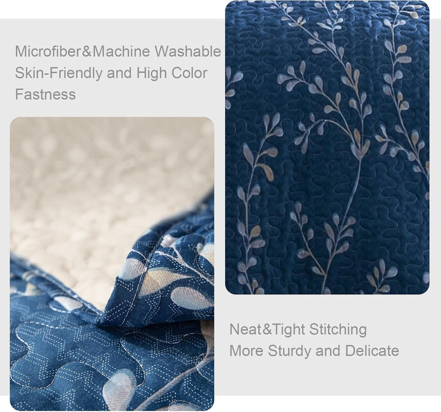 Exclusivo Mezcla Reversible Boho Quilt Set Queen Size, 3 Pieces Flowers Navy All Season Bedspreads, Ultra Soft Floral Coverlet Bedding Set with Printed Pattern (1 Quilt, 2 Pillow Shams)