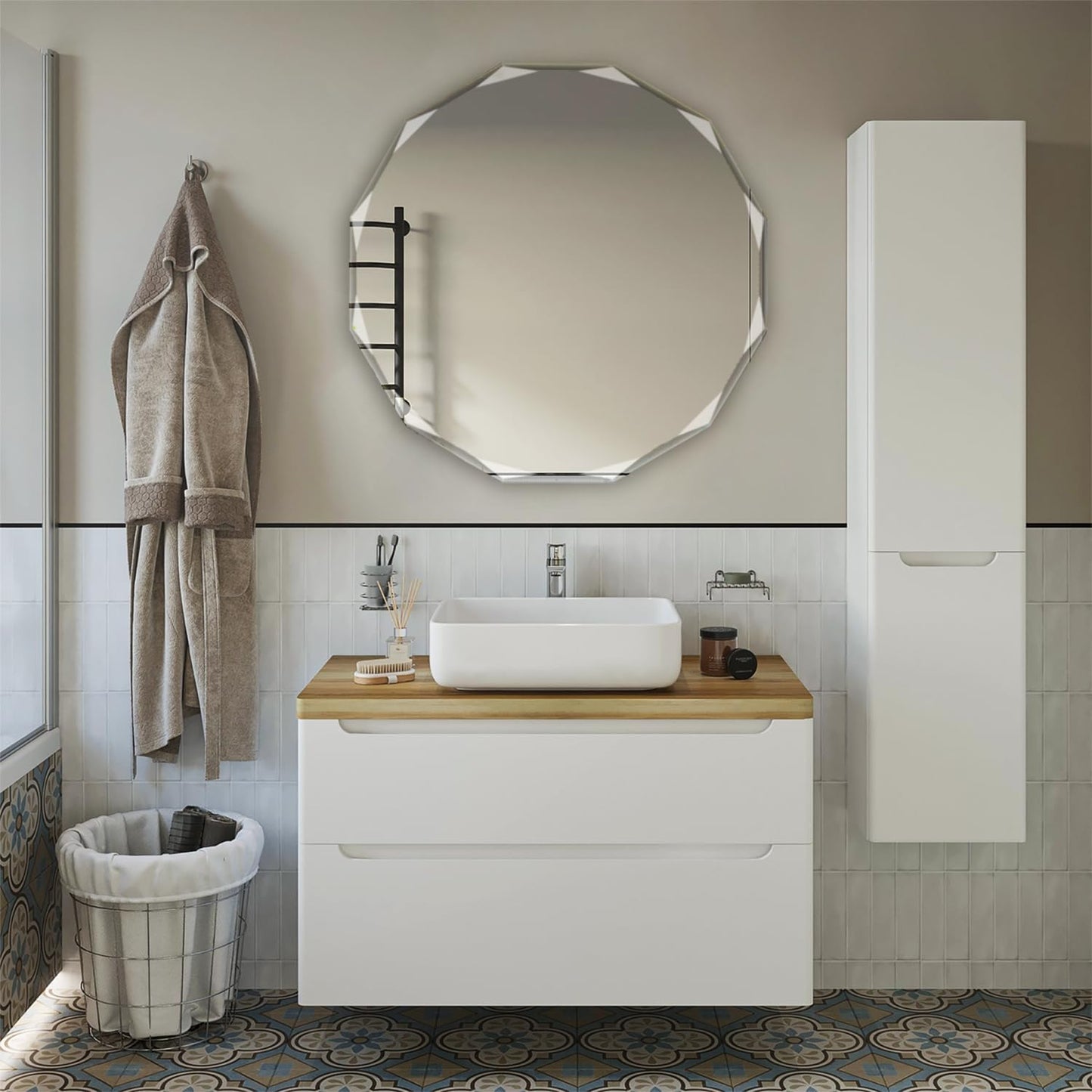 Single Beveled Edge Circle Mirror Frameless Wall Mount Bathroom Vanity Mirror, 30”