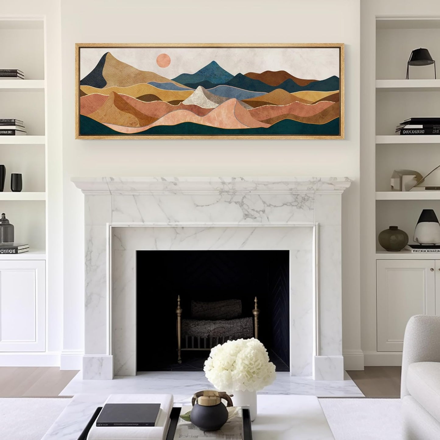 MUDECOR Large Framed Canvas Print Wall Art Desert Peaks Colorful Geometric Mountain Illustrations Antique Retro Fine Art Illustrations Decorative Colorful for Bedroom - 60"x20"