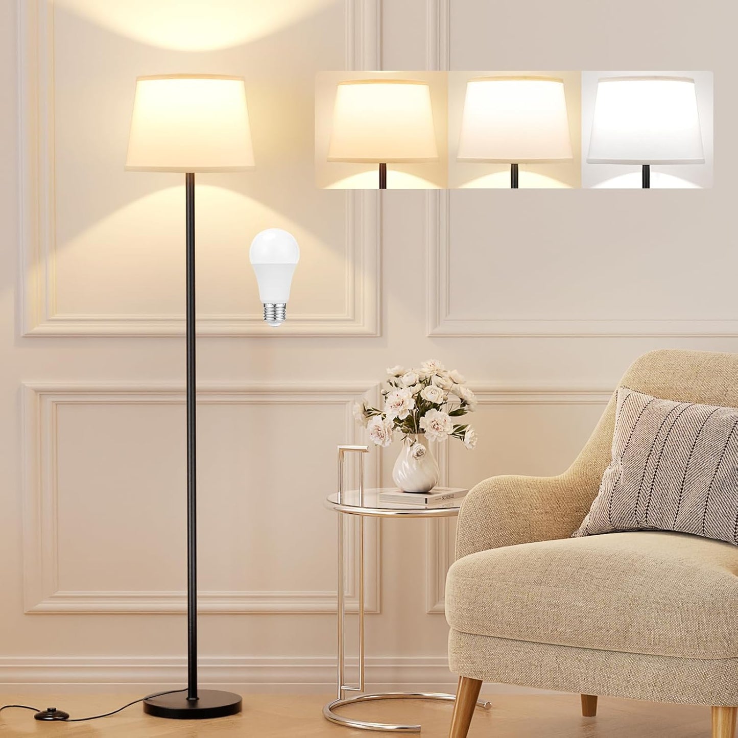 Floor Lamps for Living Room - 3 Color Temperatures Standing Lamp with White Shade, Modern Floor Lamp with LED Bulbs, Black Tall Lamp for Bedroom Office(9W Bulb Included)
