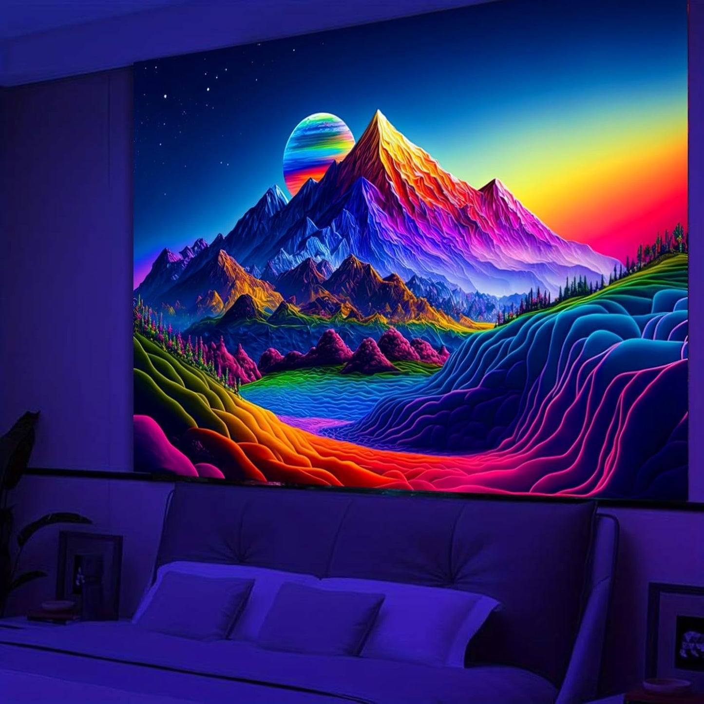 SparkLia Sunset Mountain Tapestry, Blacklight Colorful Forest Lake UV Reactive Tapestry, Neon Glow in the Dark Starry Stars Nature Landscape Wall Hanging Tapestries for Bedroom - 59.1" x 80"