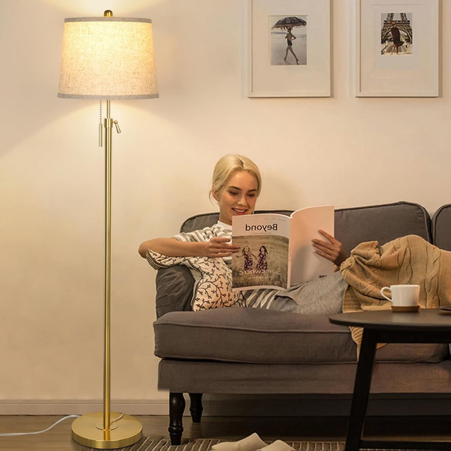 Gold Floor Lamp for Living Room 55-65" Adjustable Modern Brass Standing Lamp with Pull Chain Tall Pole Light with Beige Shade for Bedroom Reading Office Corner Nursery 9W LED Bulb Included 3 ColorTemp