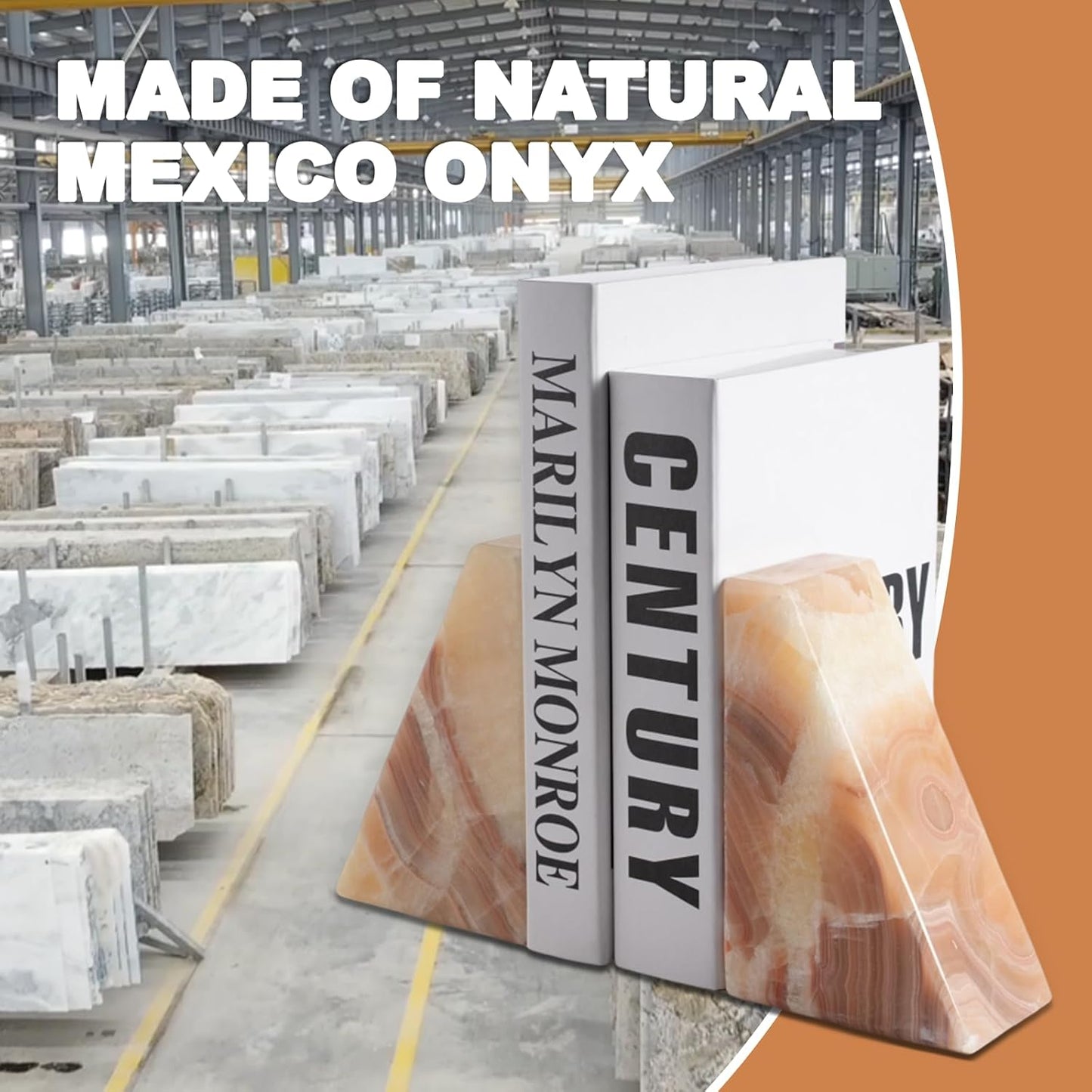 Marble Bookend for Heavy Books, Decorative Bookends for Shelves, Durable and Heavy-Duty Book End for Hardback Book & CDS, Unique Stopper & Holder, Mexico Onyx, Set of 2