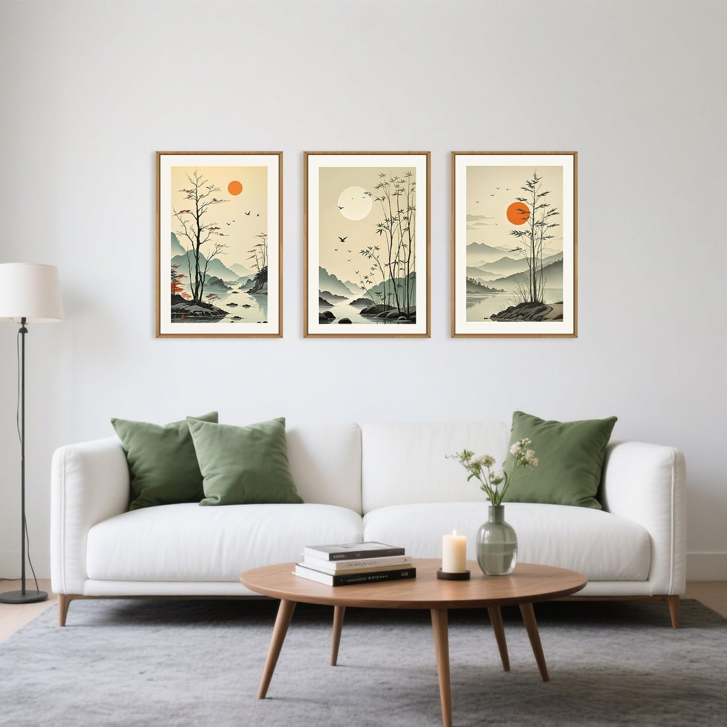 Celestdeco Chinoiserie Bamboo Forest Framed Canvas Wall Art Set, Nature Tree Lakes Wall Decor, Minimalist Zen Landscape Wall Painting, Watercolor Art Prints for Living Room, Bedroom, Office 24"X36"X3