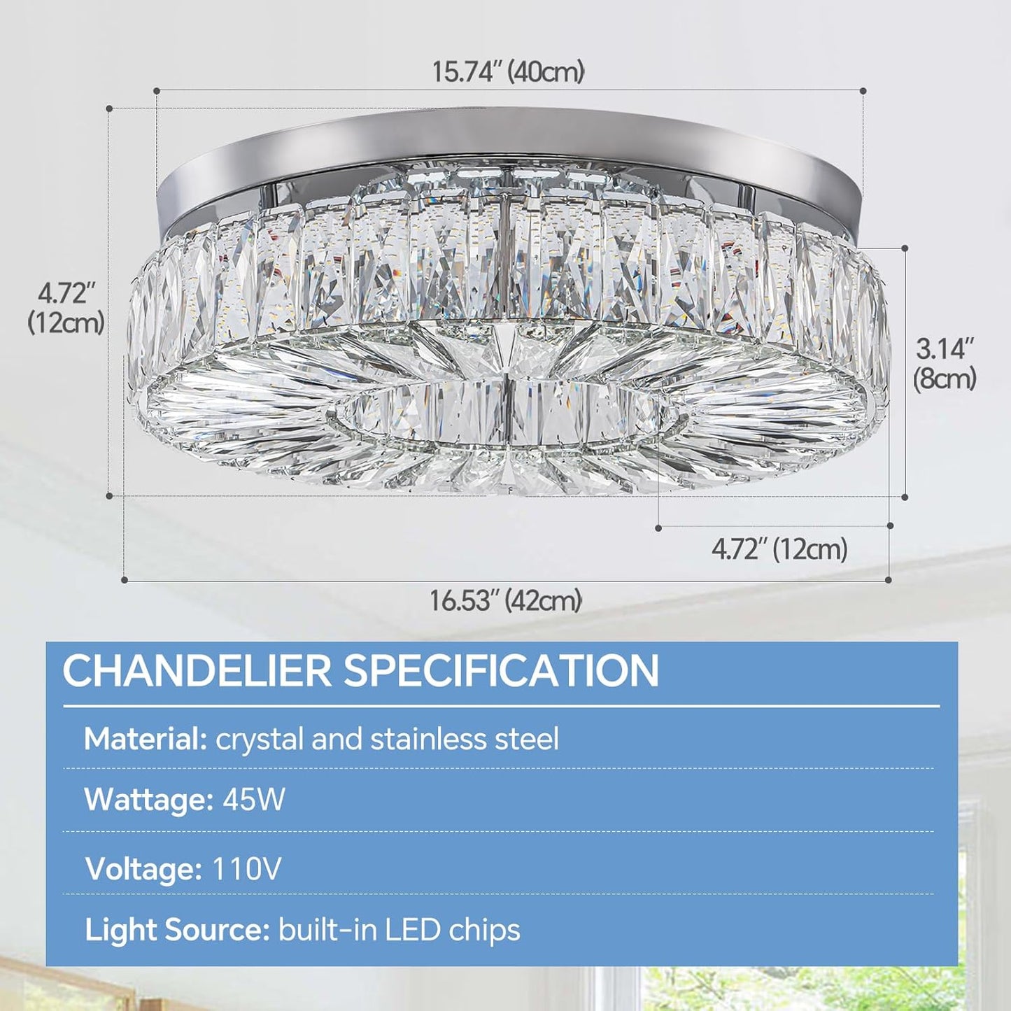 16.5 Inch Dimmable Chandelier with Remote Control LED Crystal Chandelier Modern Flush Mount Ceiling Light Fixtures for Living Room Bedroom Dining Room Entrance (dimmable-16.5")