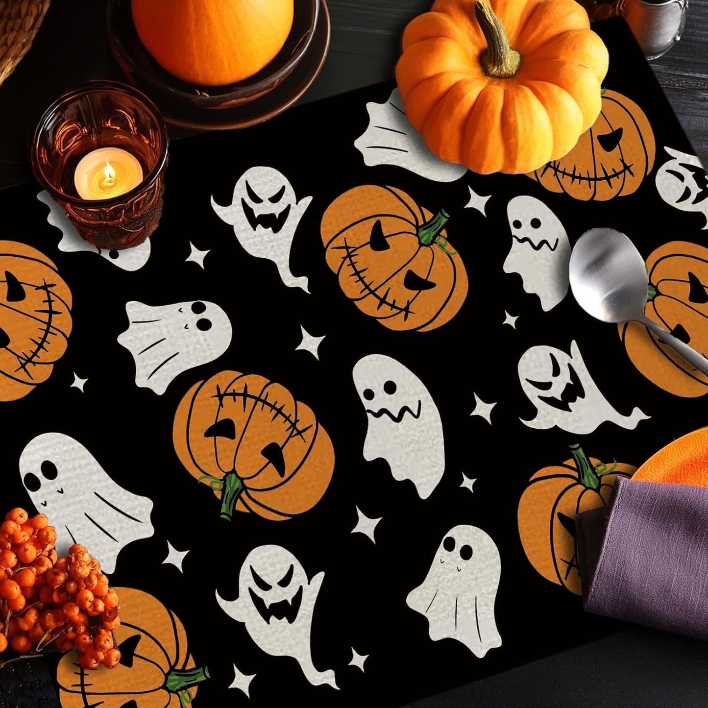 Halloween Placemats Pumpkins Ghost Set of 4 Table Mats Seasonal Home Party Kitchen Dining Table Decorations 12x18 Inch