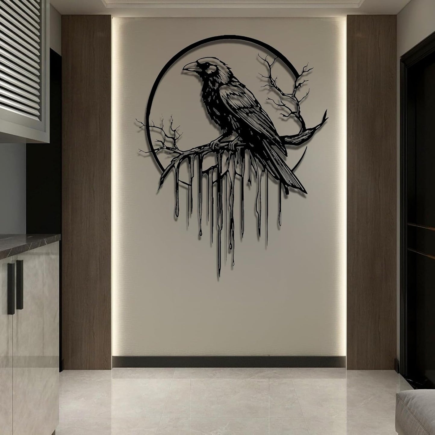 Crow Metal Wall Decor, Raven Wall Art, Large Gothic Raven Decor Hangings, Bird Wall Decor, Metal Tree Branch Decor, Ravens Sign, Raven Art for Living Room (Silver, 30"x24" |76x61cm, metal wall art)