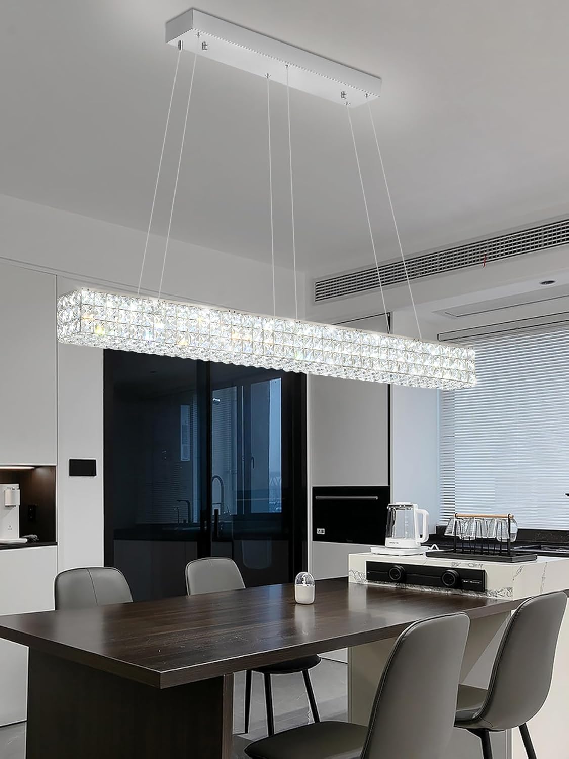 W48 Modern Rectangular Crystal Chandeliers Dining Room Chandelier,Silver Pendant Light Fixture with Remote Control for Living Room Kitchen Island