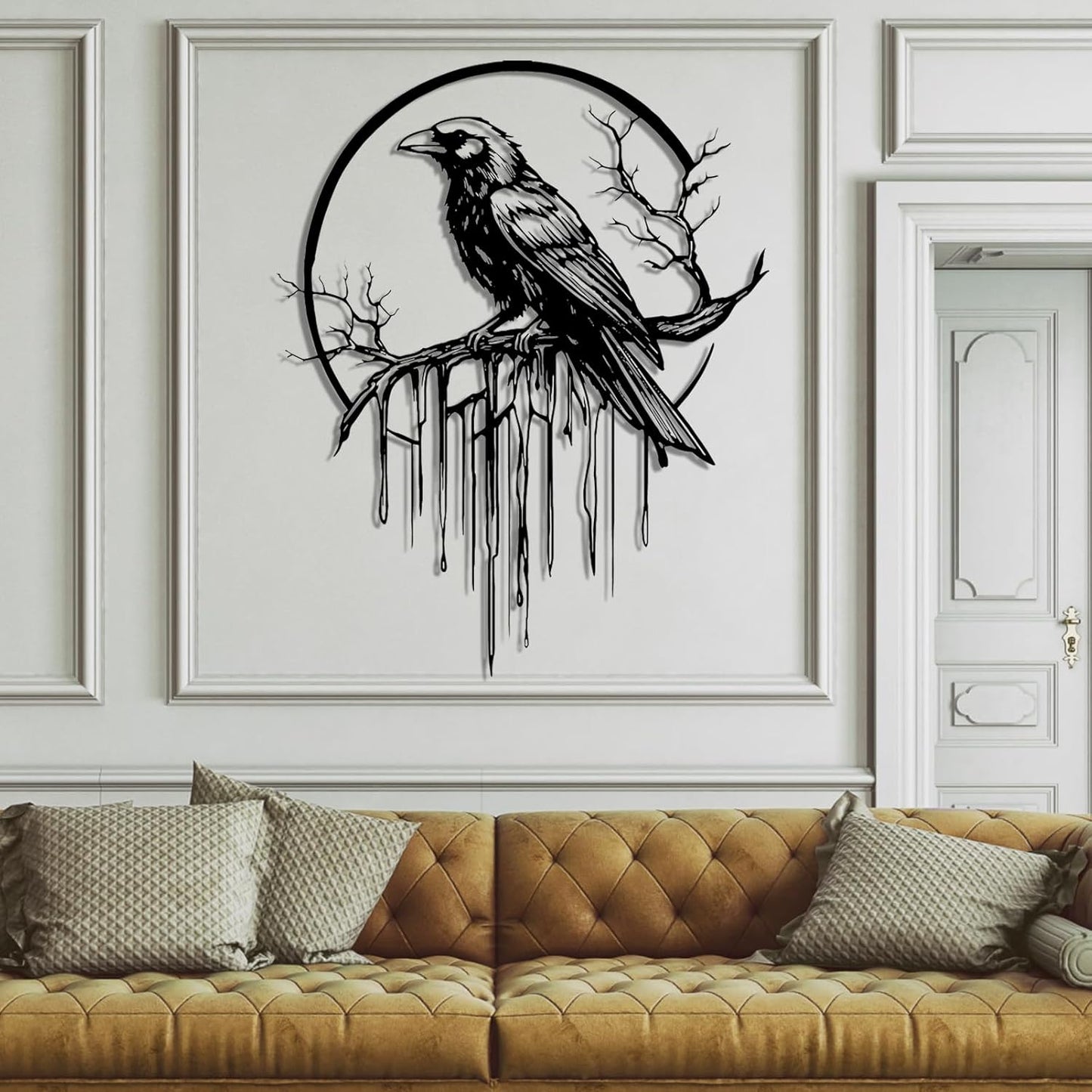 Crow Metal Wall Decor, Raven Wall Art, Large Gothic Raven Decor Hangings, Bird Wall Decor, Metal Tree Branch Decor, Ravens Sign, Raven Art for Living Room (White, 39"x31" | 100x80cm, metal wall art)