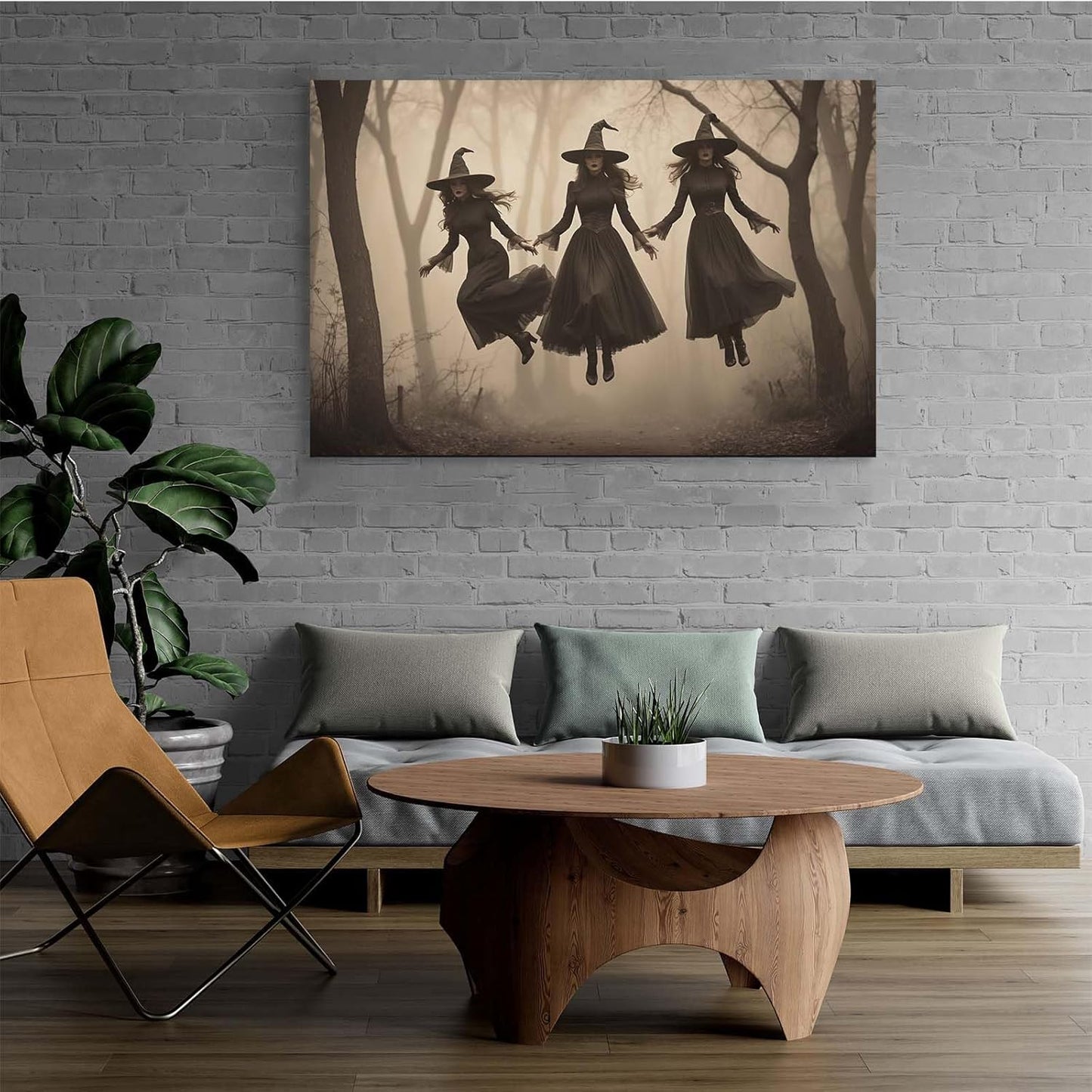 Three ghost witches flying in vintage forest gothic wall art witchcraft decoration holiday gift canvas wall art print16x24in Wood Framed