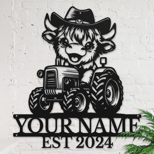Personalized Highland Cow Name metal Signs,Custom Highland Cow Metal Shed Wall Decor,Black Metal Wall Art Plaques Outdoor wall Decorative Signage (Style B)