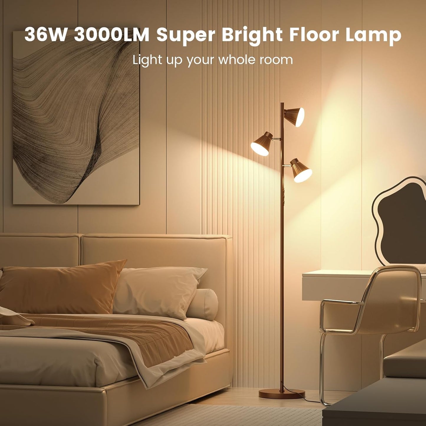 36W LED Tree Floor Lamp, Dimmable Tall Standing Lamp with Remote & Touch Control, 4 Color Temperatures Bright Floor Lamp, 3 Rotatable Light Modern Floor Lamps (Brown)
