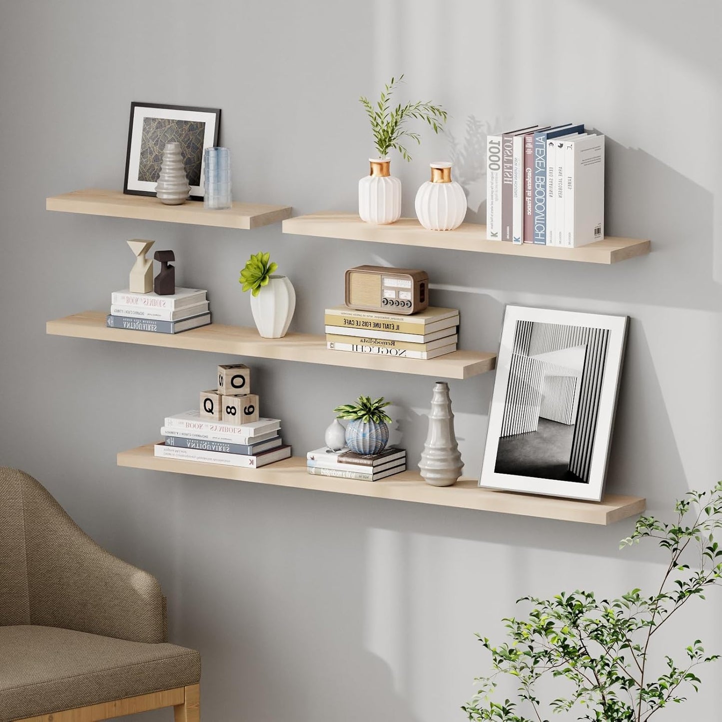 SAUMONIERES Floating Shelves 8 Inch Deep Solid Wood Wide Wall Shelf Set of 1 Wall Mounted for Bedroom Bathroom Living Room Kitchen, 48 Inch Natural