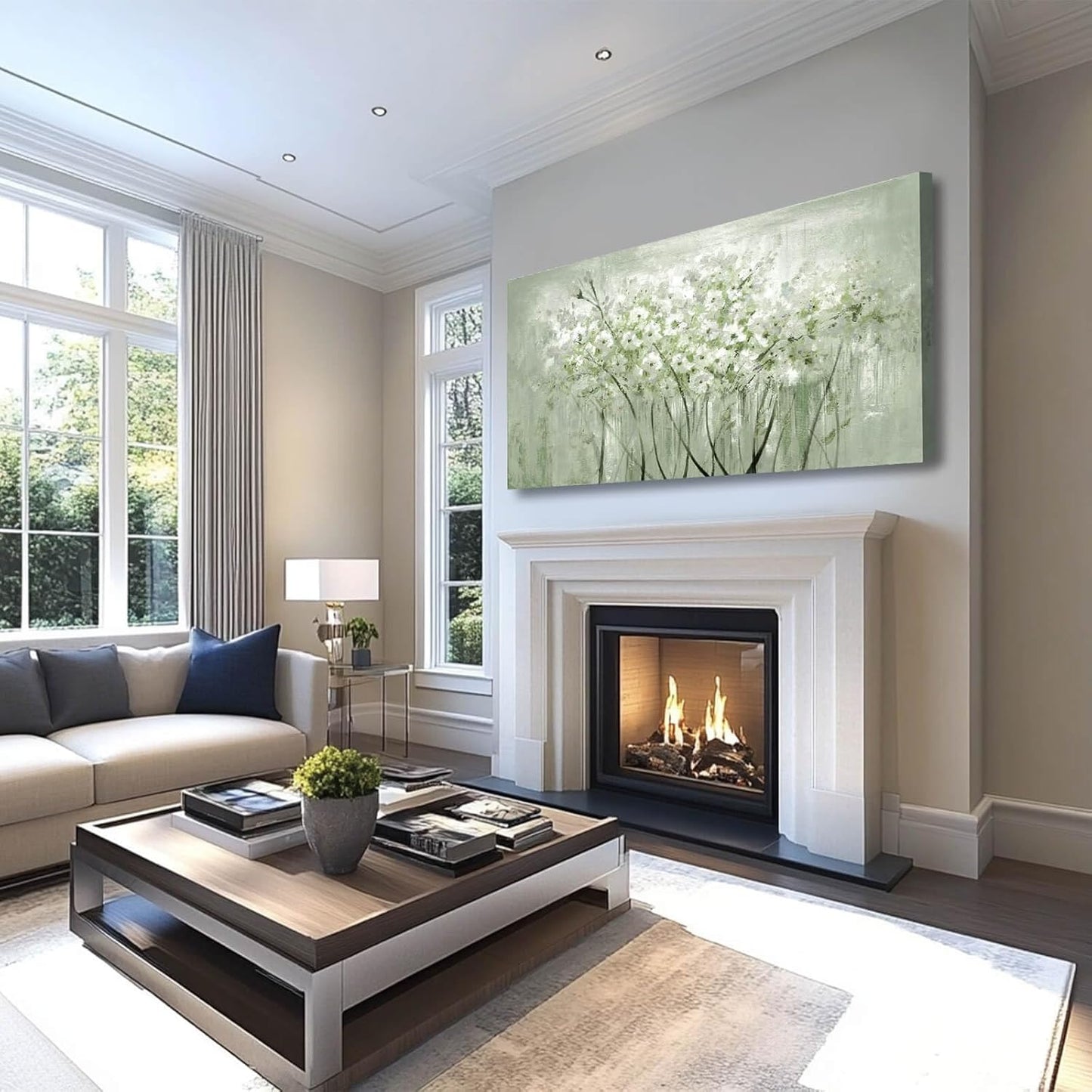 MLART99 Green and White Wall Art Home Decor Wildflower Wall Decorations Canvas Prints 29"x58" Nature Decor for Office Kitchen