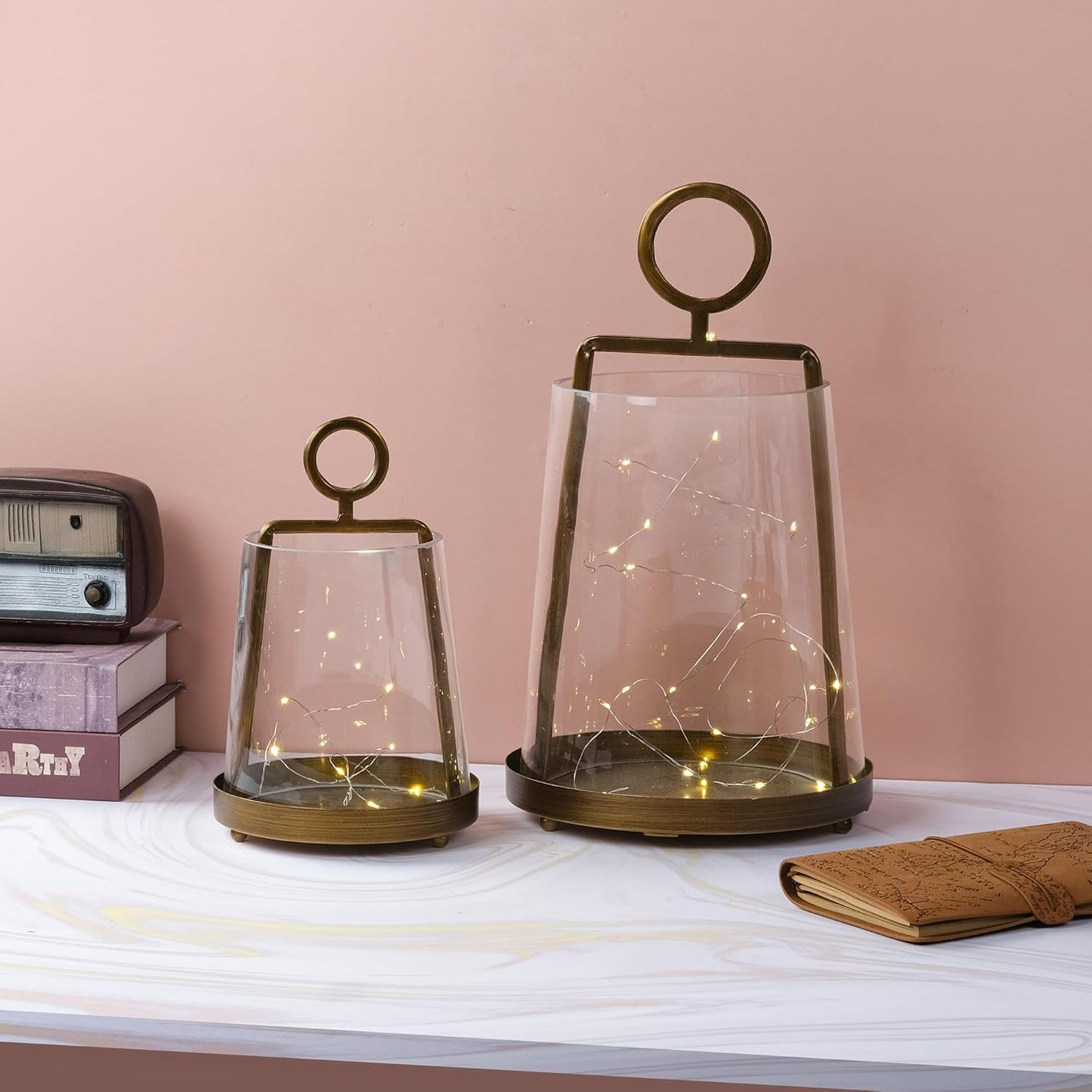 6" Wide Modern Farmhouse Metal Hurricane Candle Holder with Handmade Sturdy Glass Sleeve in Antique Brass for Pillar Candle & Plants, Hurricane Lantern, Industrial, Minimalistic (1, Brass, 6"x10")