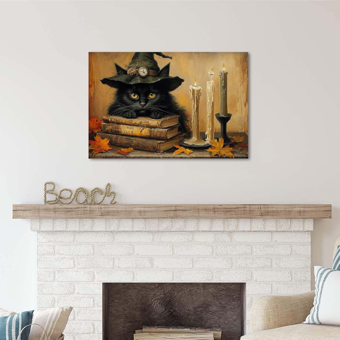 JFHCQJPK Vintage Halloween wall decoration black cat and magic book suitable for home bedroom living room decoration dark classic art witch wall decoration16x24in Frameless